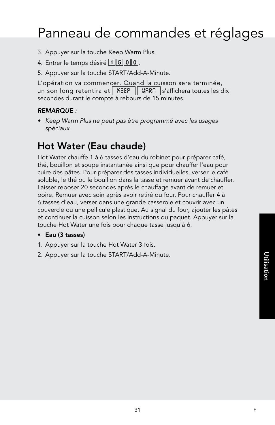 Panneau de commandes et réglages, Hot water (eau chaude) | Viking 30 Inch Over-the-Range Microwave Oven Owners Manual User Manual | Page 117 / 132