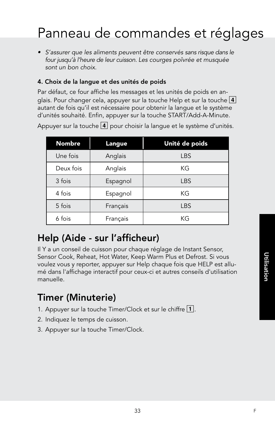 Panneau de commandes et réglages, Help (aide - sur l’afficheur), Timer (minuterie) | Viking 30 Inch Over-the-Range Microwave Oven Owners Manual User Manual | Page 119 / 132