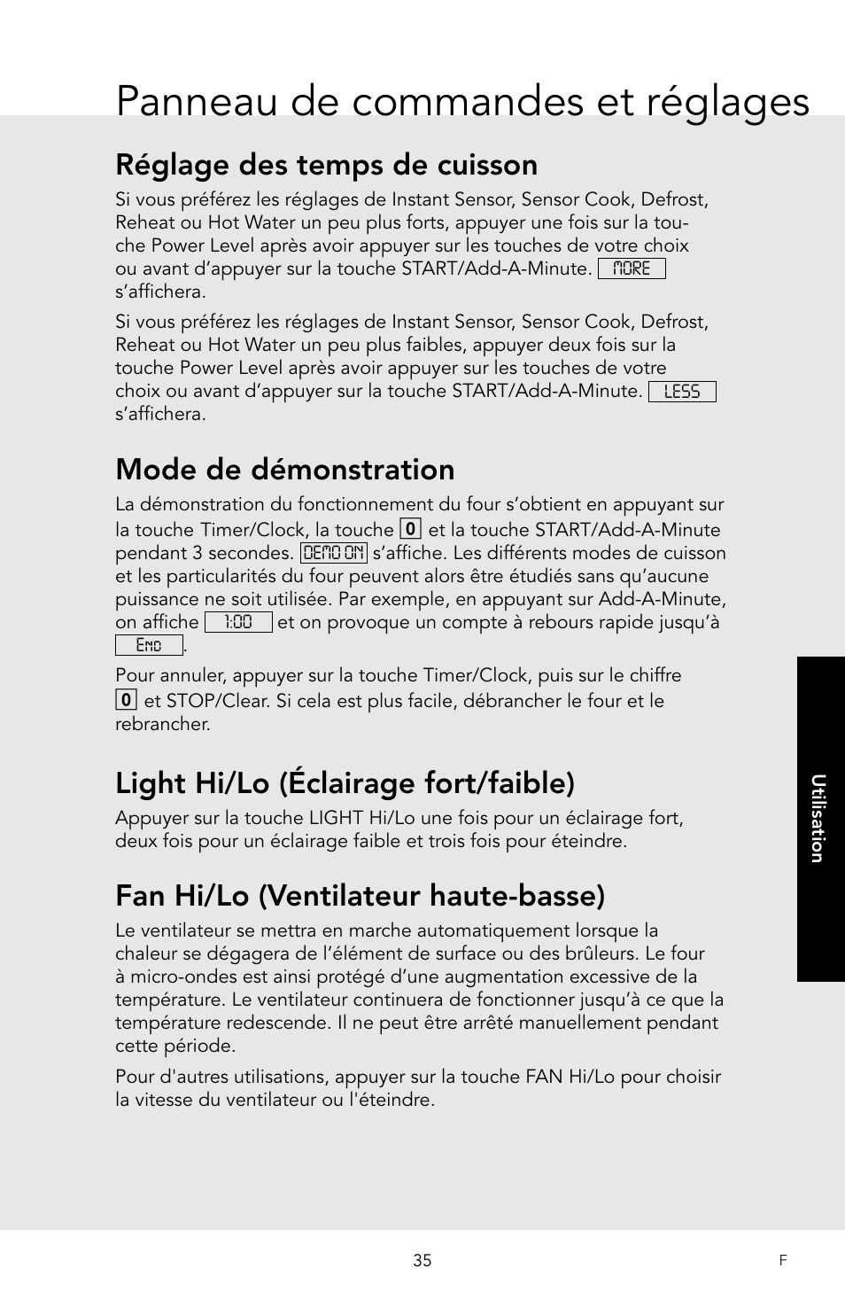 Panneau de commandes et réglages, Réglage des temps de cuisson, Mode de démonstration | Light hi/lo (éclairage fort/faible), Fan hi/lo (ventilateur haute-basse) | Viking 30 Inch Over-the-Range Microwave Oven Owners Manual User Manual | Page 121 / 132