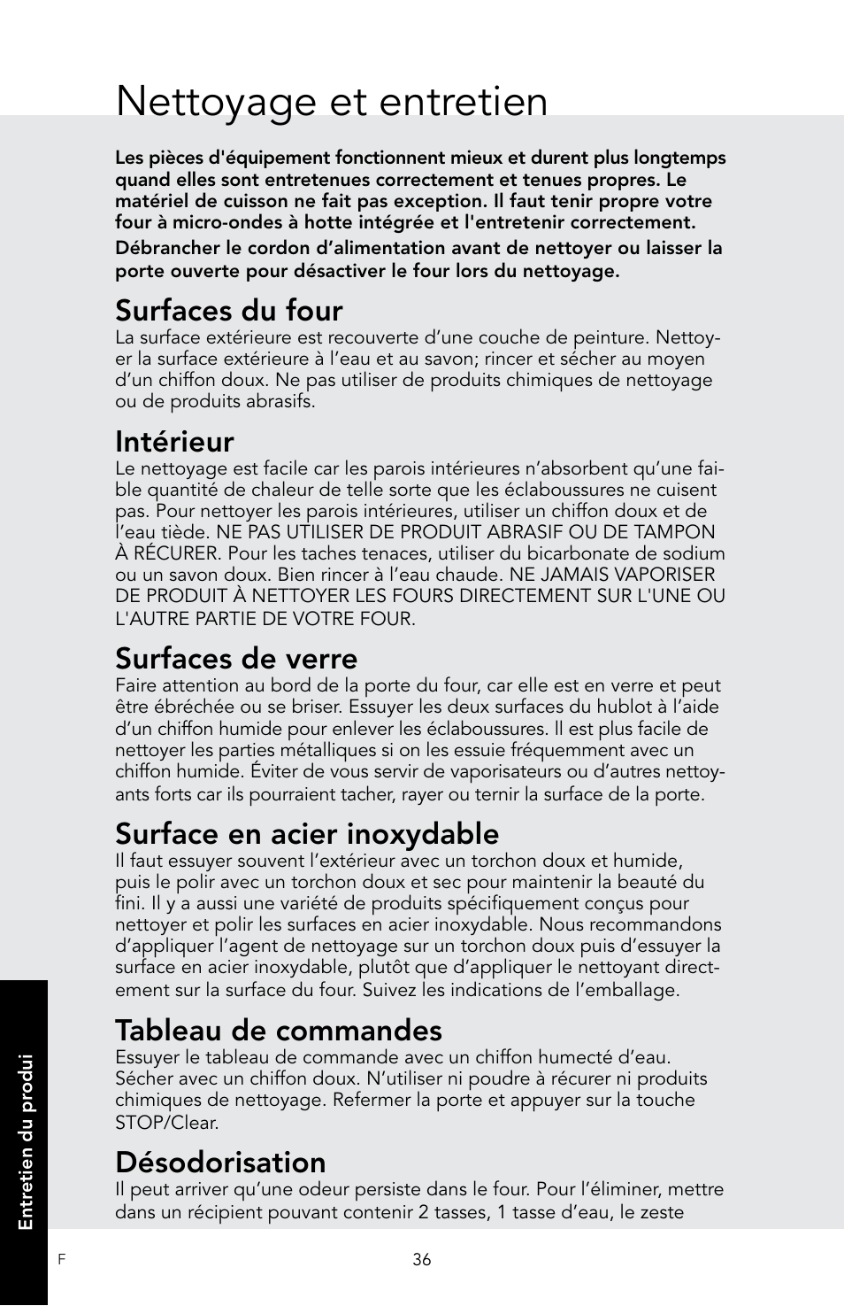 Nettoyage et entretien, Surfaces du four, Intérieur | Surfaces de verre, Surface en acier inoxydable, Tableau de commandes, Désodorisation | Viking 30 Inch Over-the-Range Microwave Oven Owners Manual User Manual | Page 122 / 132