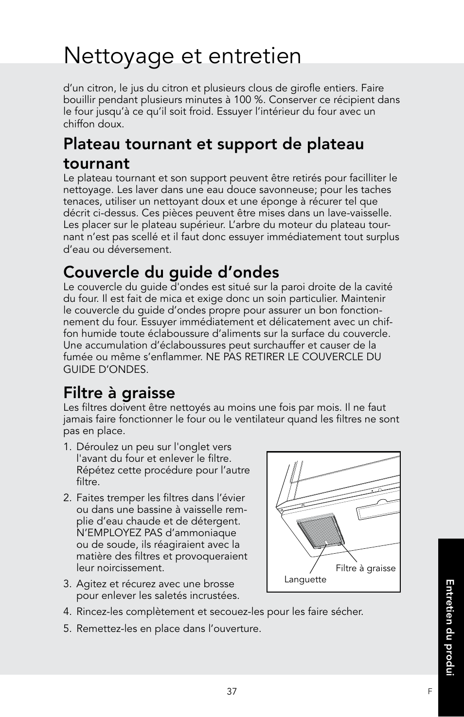 Nettoyage et entretien, Plateau tournant et support de plateau tournant, Couvercle du guide d’ondes | Filtre à graisse | Viking 30 Inch Over-the-Range Microwave Oven Owners Manual User Manual | Page 123 / 132