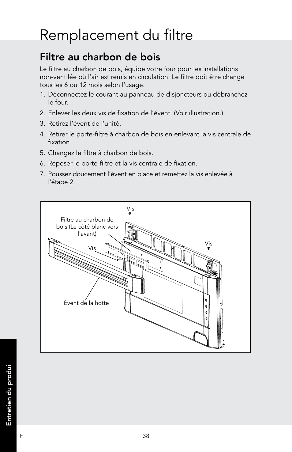 Remplacement du filtre, Filtre au charbon de bois | Viking 30 Inch Over-the-Range Microwave Oven Owners Manual User Manual | Page 124 / 132