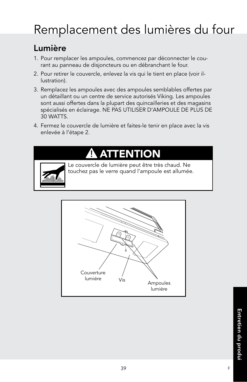 Remplacement des lumières du four, Attention, Lumière | Viking 30 Inch Over-the-Range Microwave Oven Owners Manual User Manual | Page 125 / 132