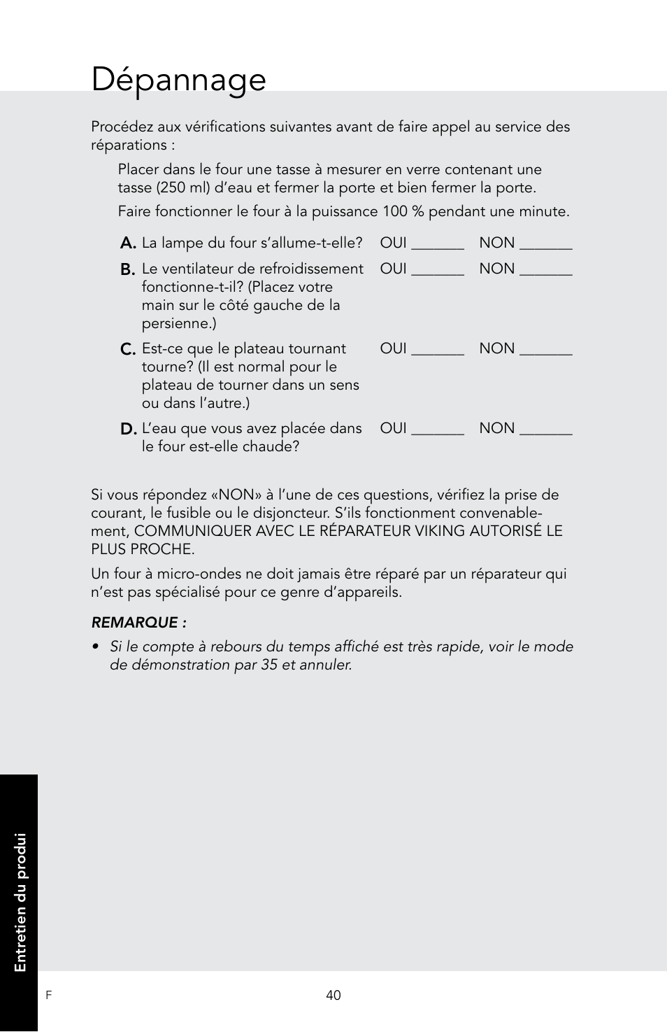 Dépannage | Viking 30 Inch Over-the-Range Microwave Oven Owners Manual User Manual | Page 126 / 132