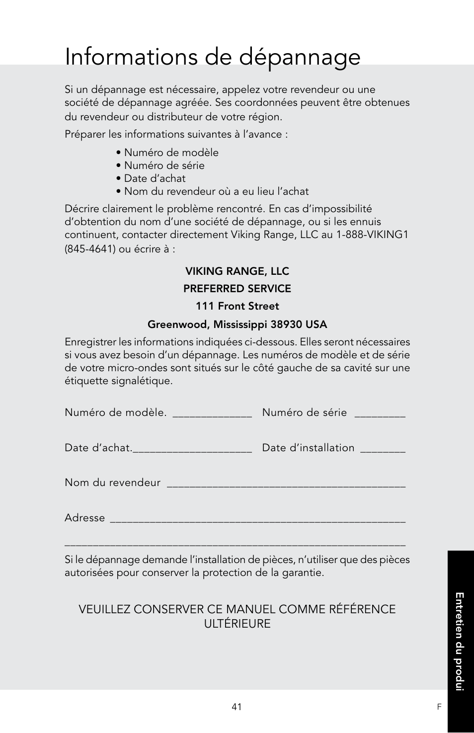 Informations de dépannage | Viking 30 Inch Over-the-Range Microwave Oven Owners Manual User Manual | Page 127 / 132