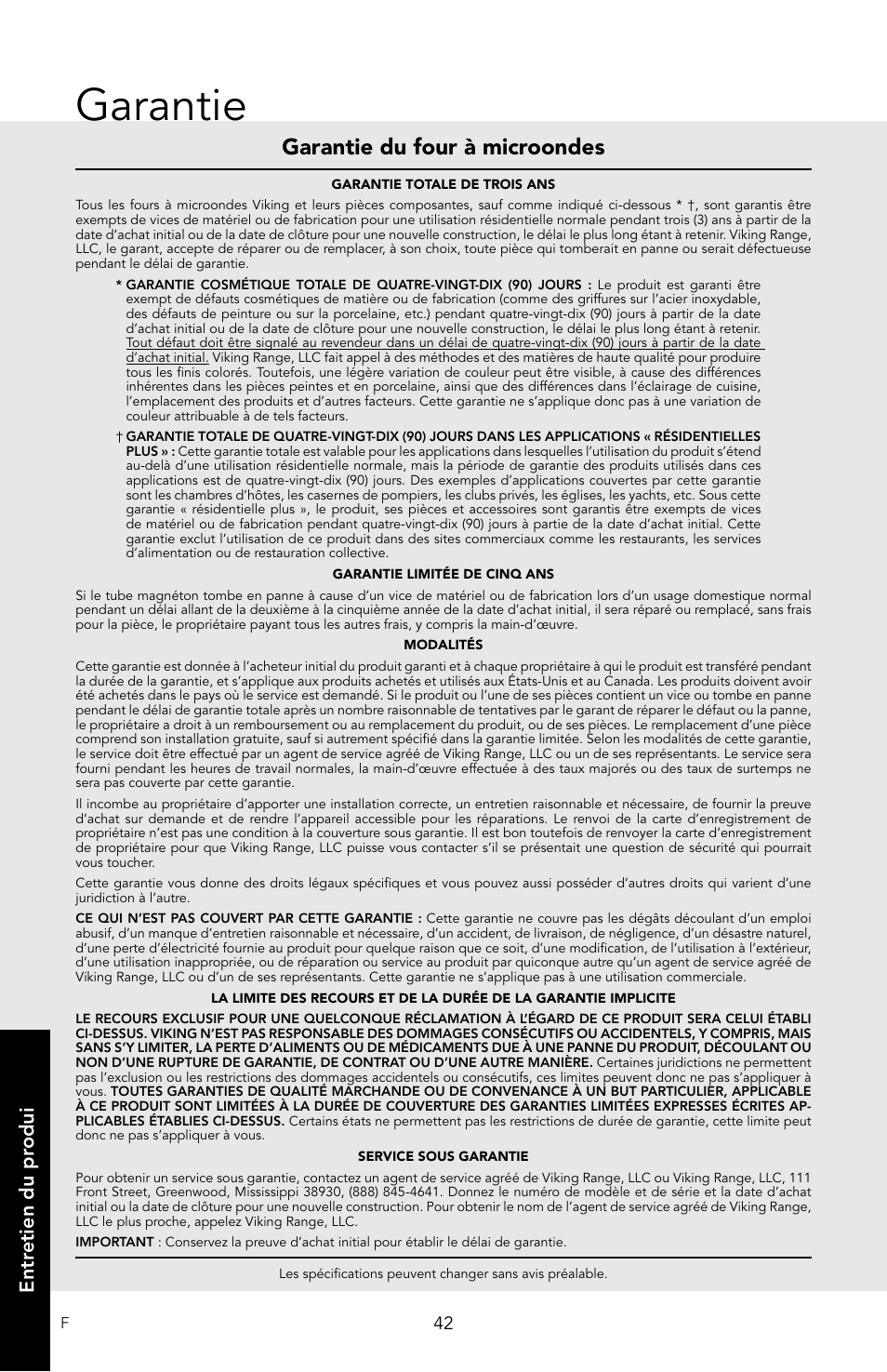 Garantie, Garantie du four à microondes, Pr oduct car e entr etien du pr odui | Viking 30 Inch Over-the-Range Microwave Oven Owners Manual User Manual | Page 128 / 132