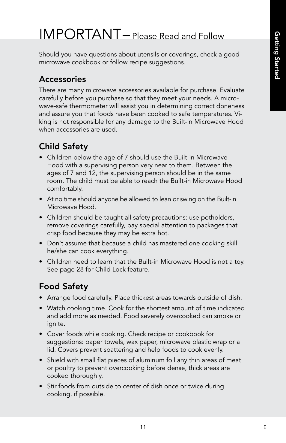 Important, Accessories, Child safety | Food safety, Please read and follow | Viking 30 Inch Over-the-Range Microwave Oven Owners Manual User Manual | Page 13 / 132