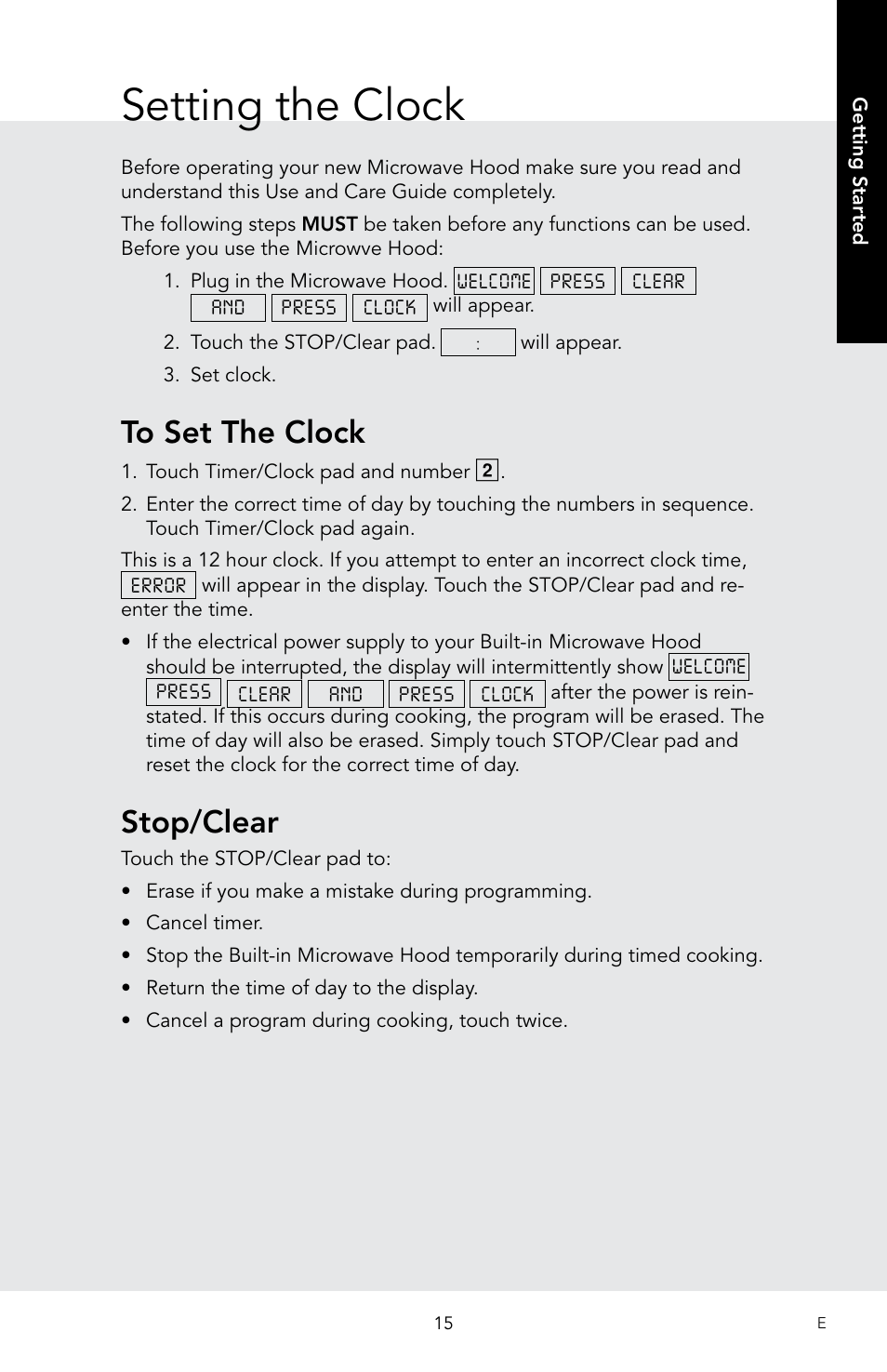 Setting the clock, Stop/clear | Viking 30 Inch Over-the-Range Microwave Oven Owners Manual User Manual | Page 17 / 132