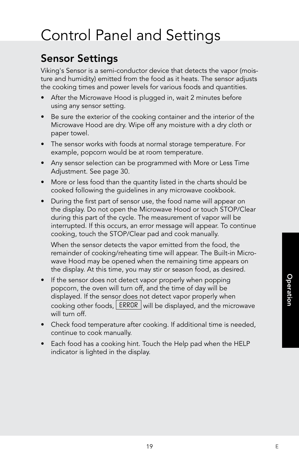 Control panel and settings, Sensor settings | Viking 30 Inch Over-the-Range Microwave Oven Owners Manual User Manual | Page 21 / 132