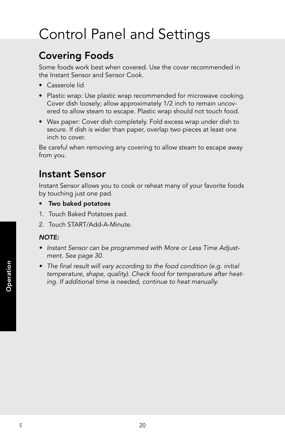 Control panel and settings, Covering foods, Instant sensor | Viking 30 Inch Over-the-Range Microwave Oven Owners Manual User Manual | Page 22 / 132