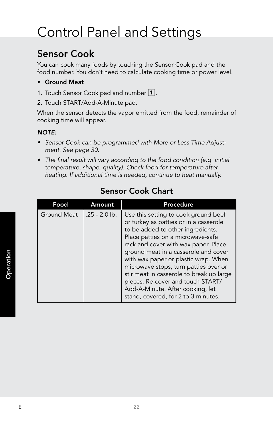 Control panel and settings, Sensor cook, Sensor cook chart | Viking 30 Inch Over-the-Range Microwave Oven Owners Manual User Manual | Page 24 / 132