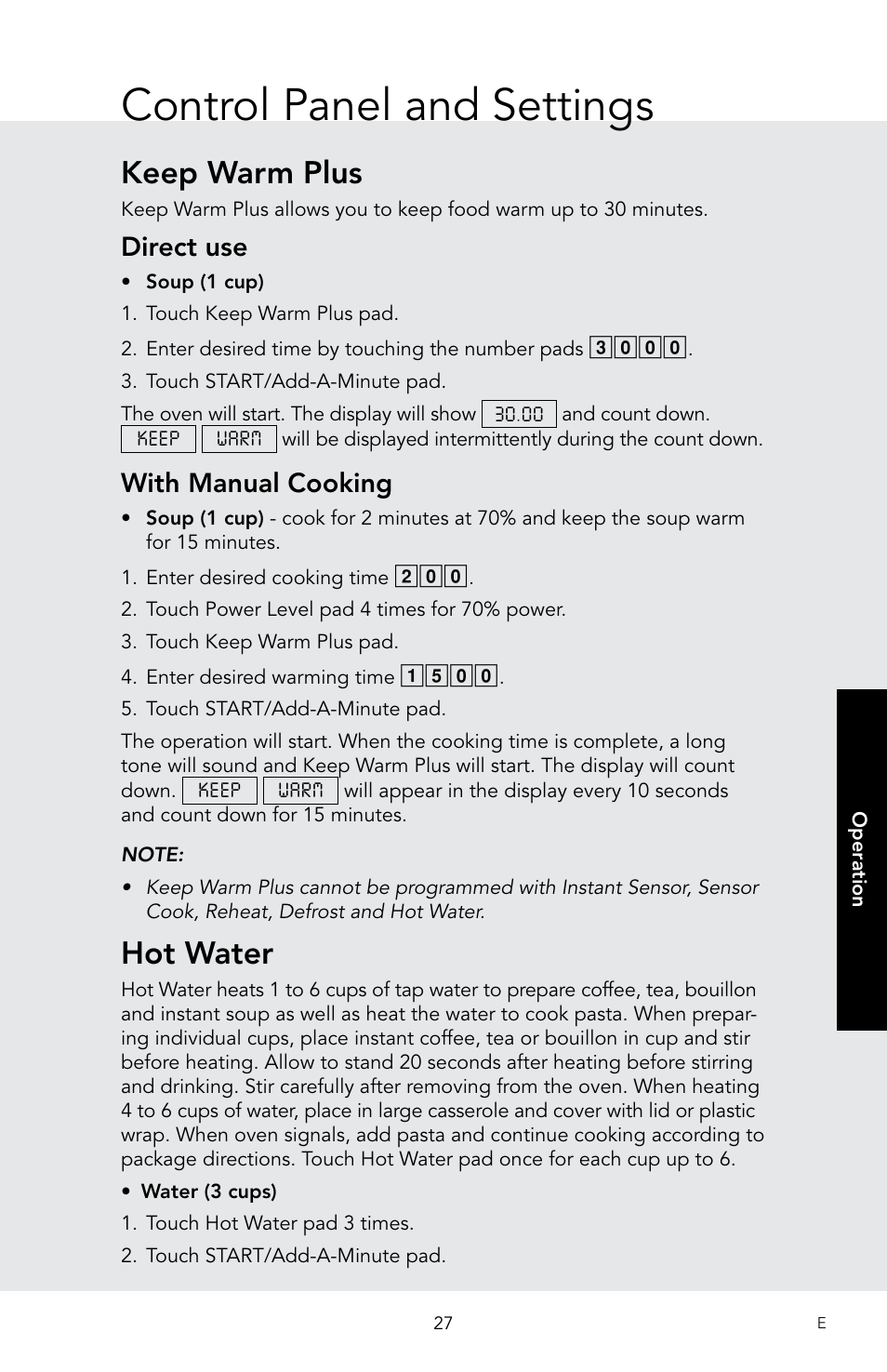 Control panel and settings, Keep warm plus, Hot water | Direct use, With manual cooking | Viking 30 Inch Over-the-Range Microwave Oven Owners Manual User Manual | Page 29 / 132