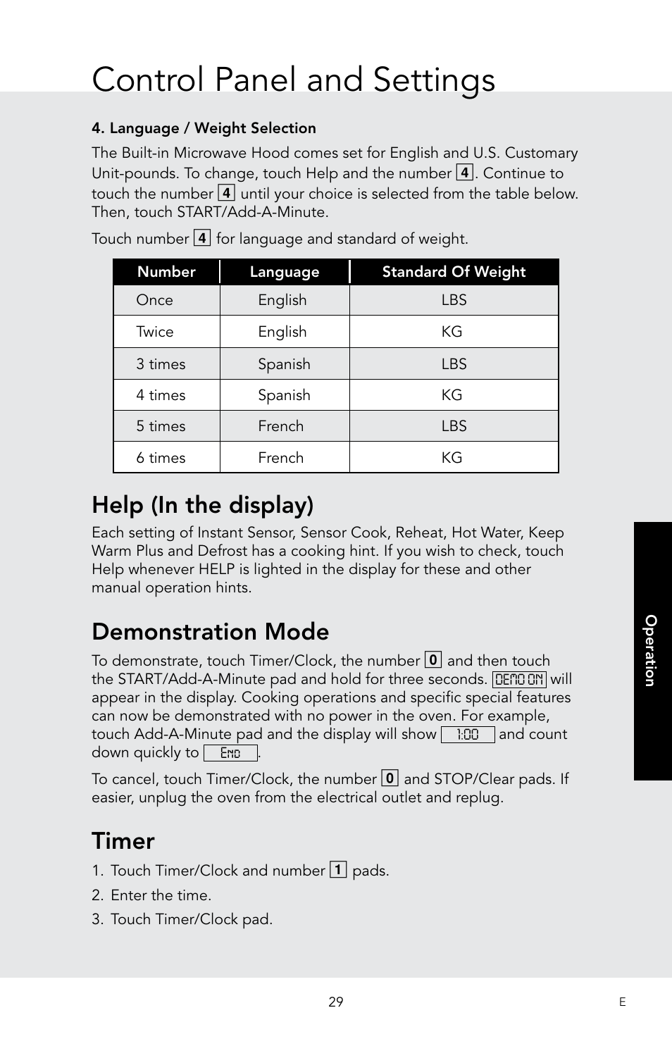 Control panel and settings, Help (in the display), Demonstration mode | Timer | Viking 30 Inch Over-the-Range Microwave Oven Owners Manual User Manual | Page 31 / 132