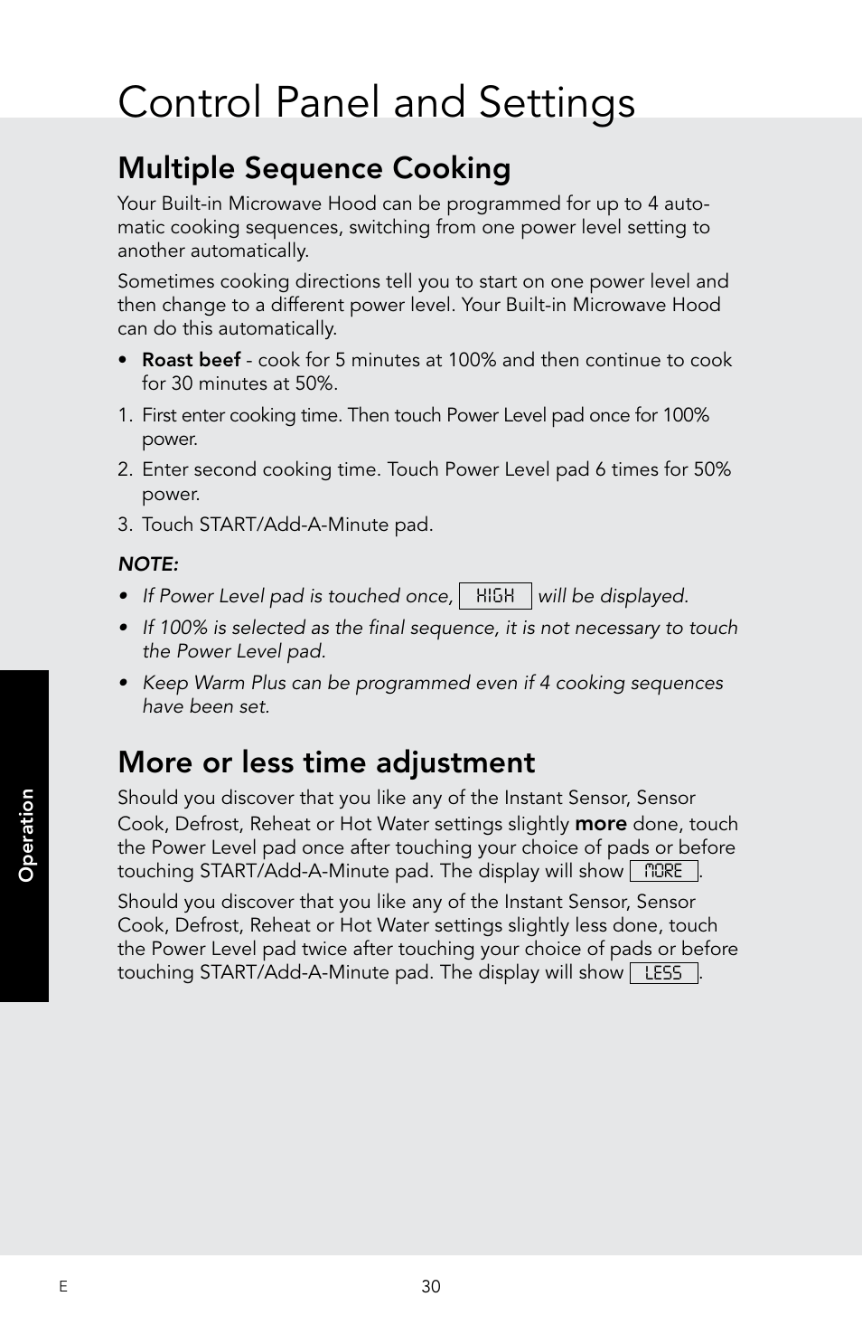 Control panel and settings, Multiple sequence cooking, More or less time adjustment | Viking 30 Inch Over-the-Range Microwave Oven Owners Manual User Manual | Page 32 / 132