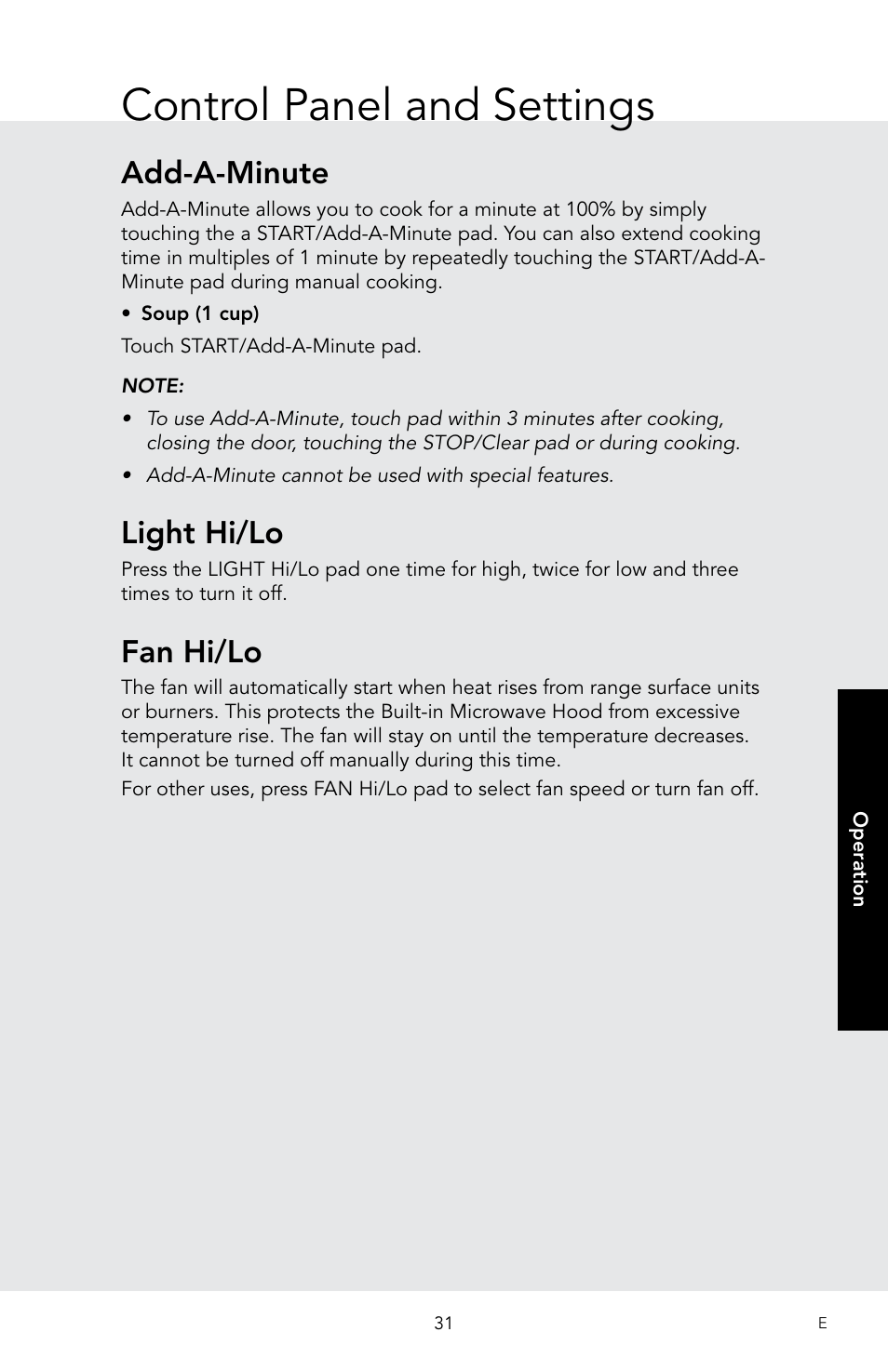 Control panel and settings, Add-a-minute, Light hi/lo | Fan hi/lo | Viking 30 Inch Over-the-Range Microwave Oven Owners Manual User Manual | Page 33 / 132