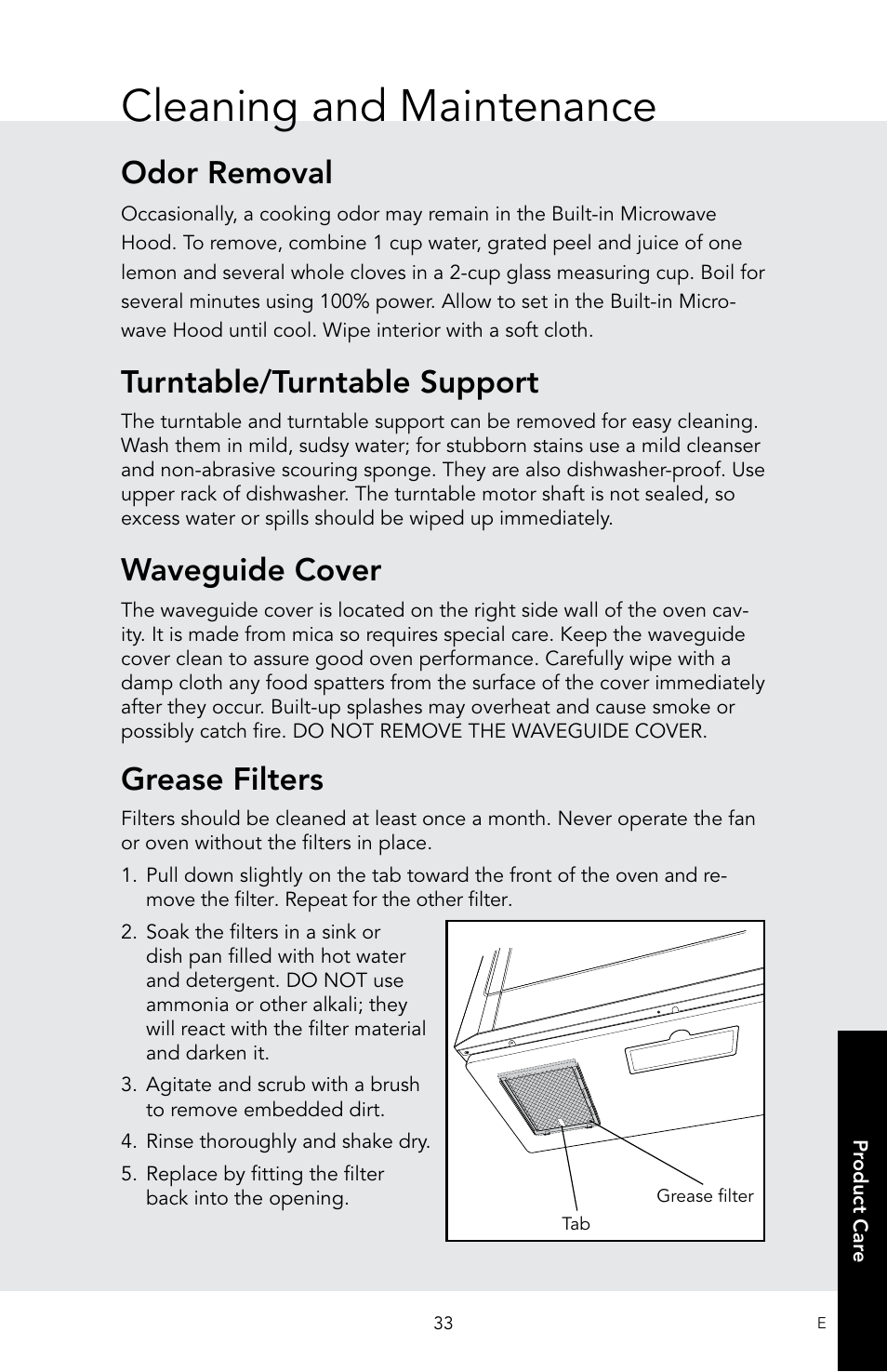 Cleaning and maintenance, Odor removal, Turntable/turntable support | Waveguide cover, Grease filters | Viking 30 Inch Over-the-Range Microwave Oven Owners Manual User Manual | Page 35 / 132