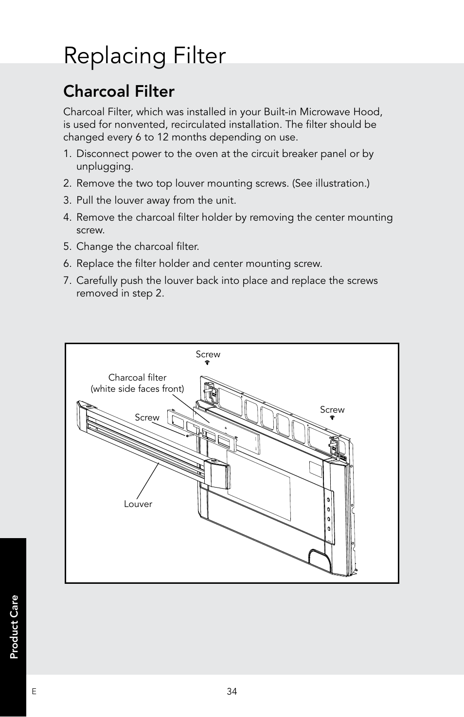 Replacing filter, Charcoal filter | Viking 30 Inch Over-the-Range Microwave Oven Owners Manual User Manual | Page 36 / 132