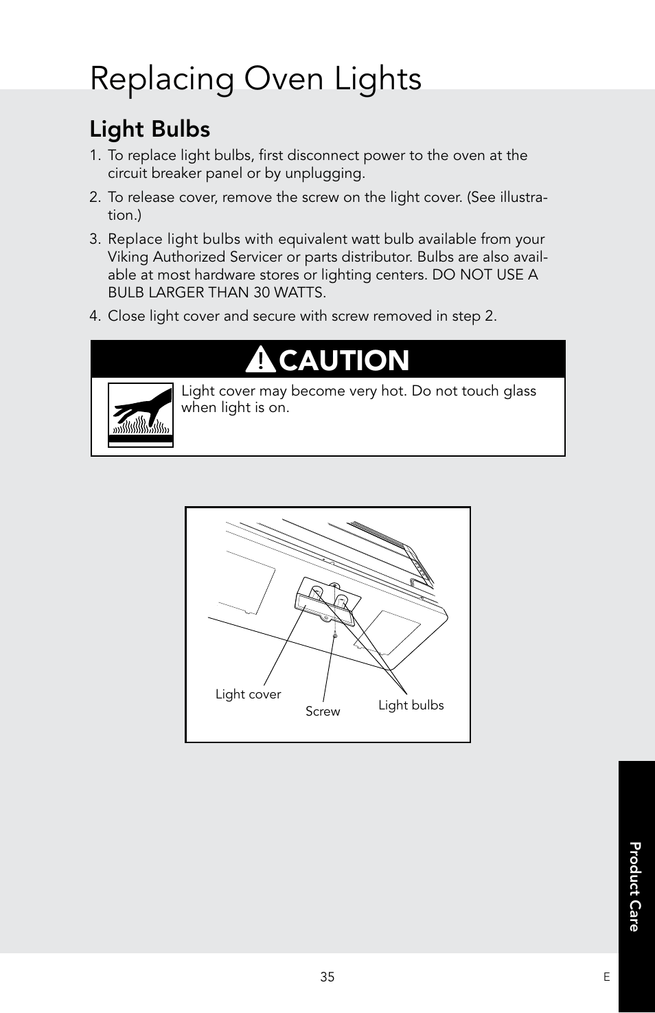 Replacing oven lights, Caution, Light bulbs | Viking 30 Inch Over-the-Range Microwave Oven Owners Manual User Manual | Page 37 / 132