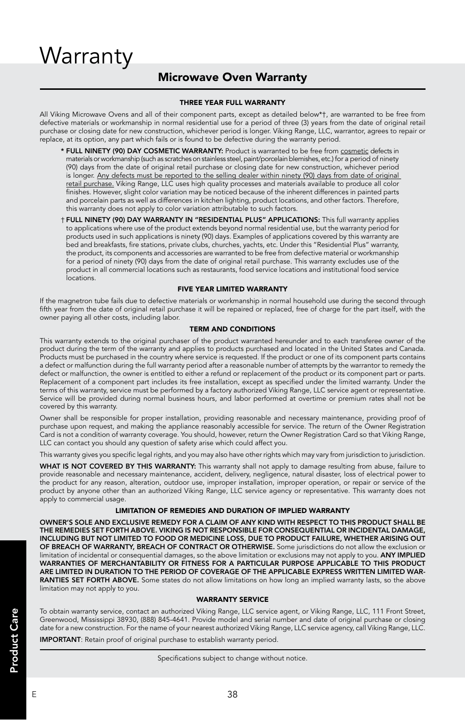 Warranty, Microwave oven warranty, Pr oduct car e pr oduct car e | Pr oduct car e | Viking 30 Inch Over-the-Range Microwave Oven Owners Manual User Manual | Page 40 / 132