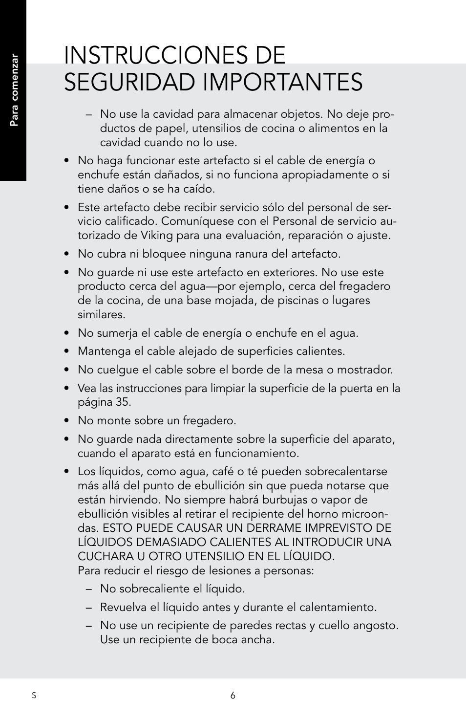 Instrucciones de seguridad importantes | Viking 30 Inch Over-the-Range Microwave Oven Owners Manual User Manual | Page 48 / 132