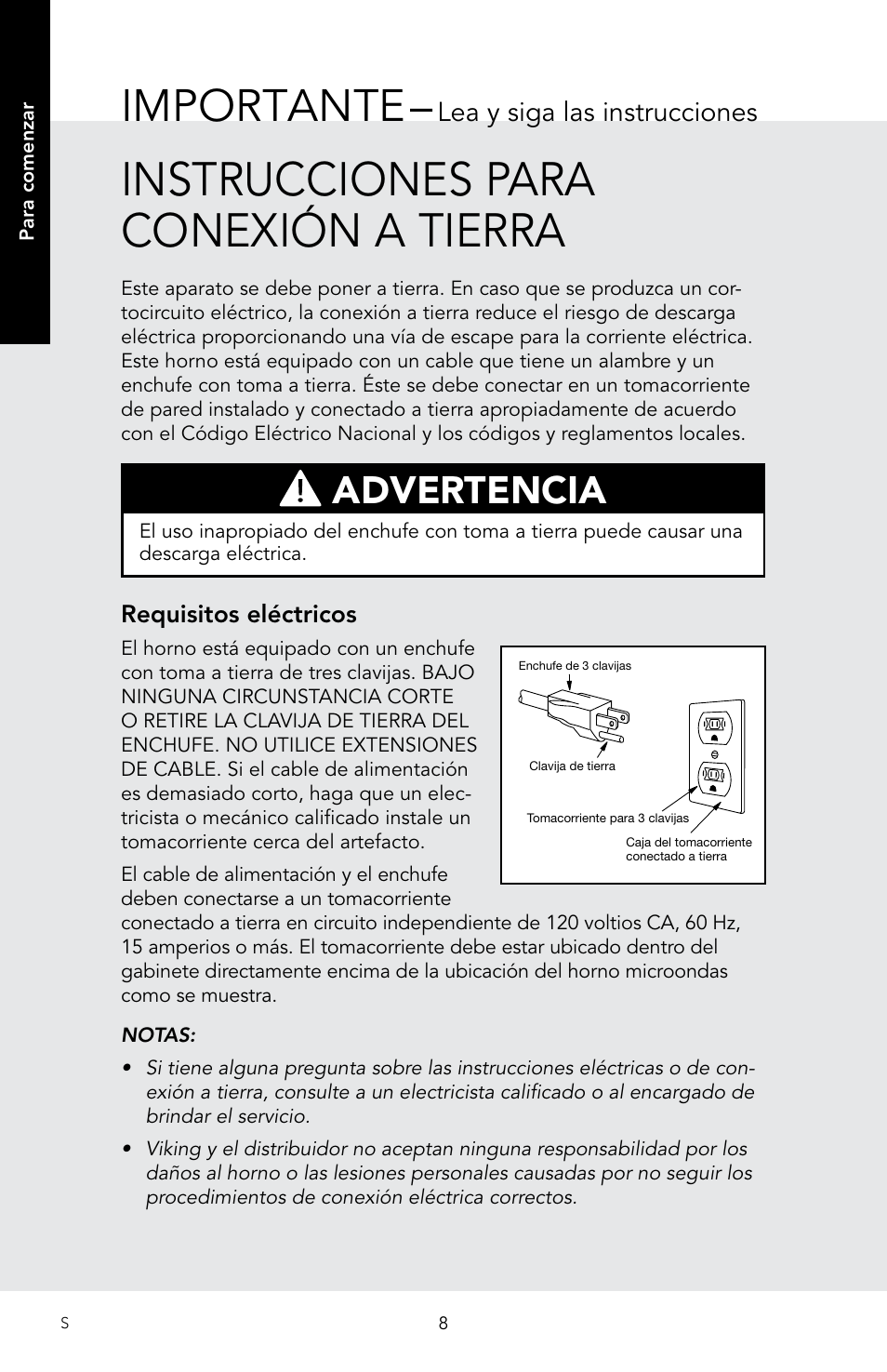 Instrucciones para conexión a tierra, Importante, Advertencia | Lea y siga las instrucciones, Requisitos eléctricos | Viking 30 Inch Over-the-Range Microwave Oven Owners Manual User Manual | Page 50 / 132
