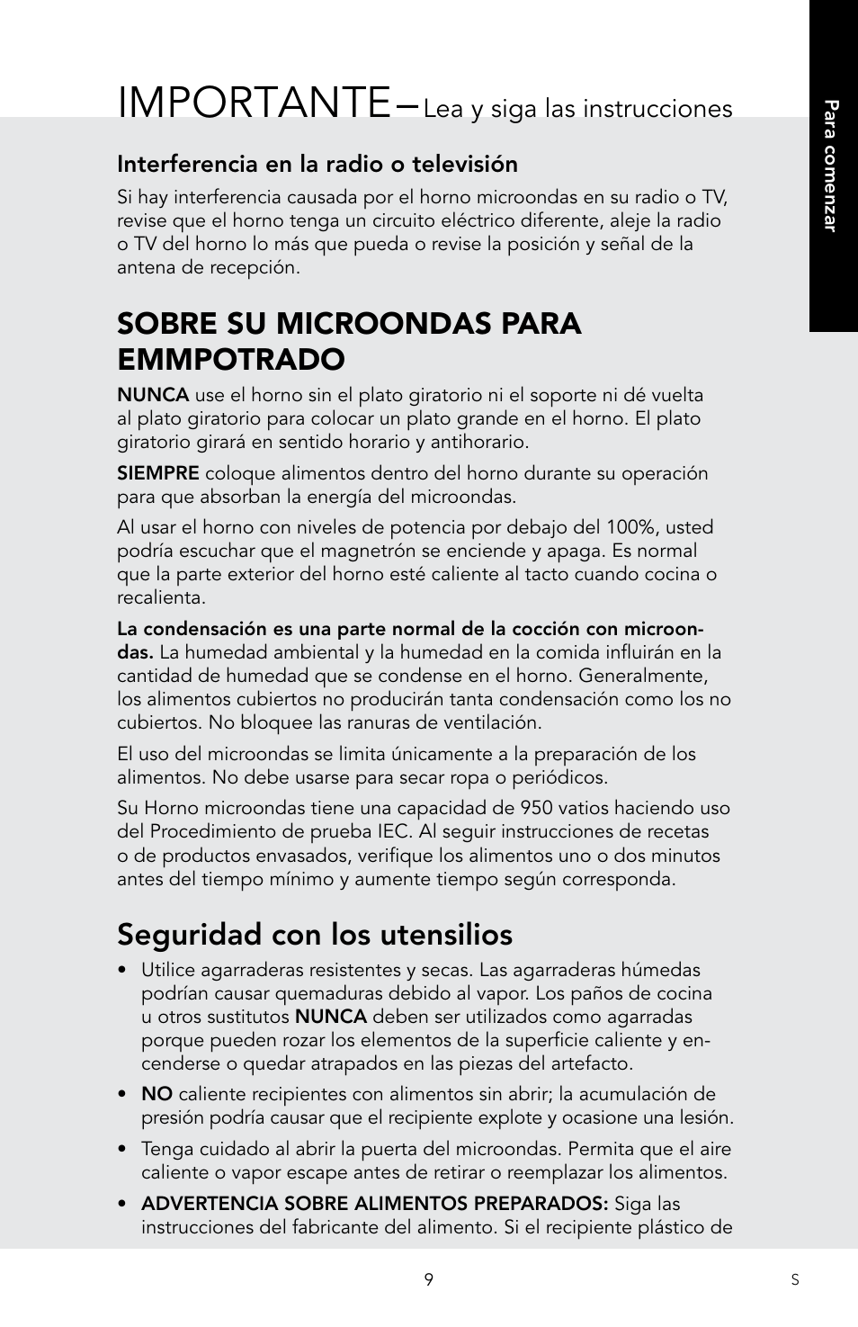 Importante, Sobre su microondas para emmpotrado, Seguridad con los utensilios | Lea y siga las instrucciones, Interferencia en la radio o televisión | Viking 30 Inch Over-the-Range Microwave Oven Owners Manual User Manual | Page 51 / 132