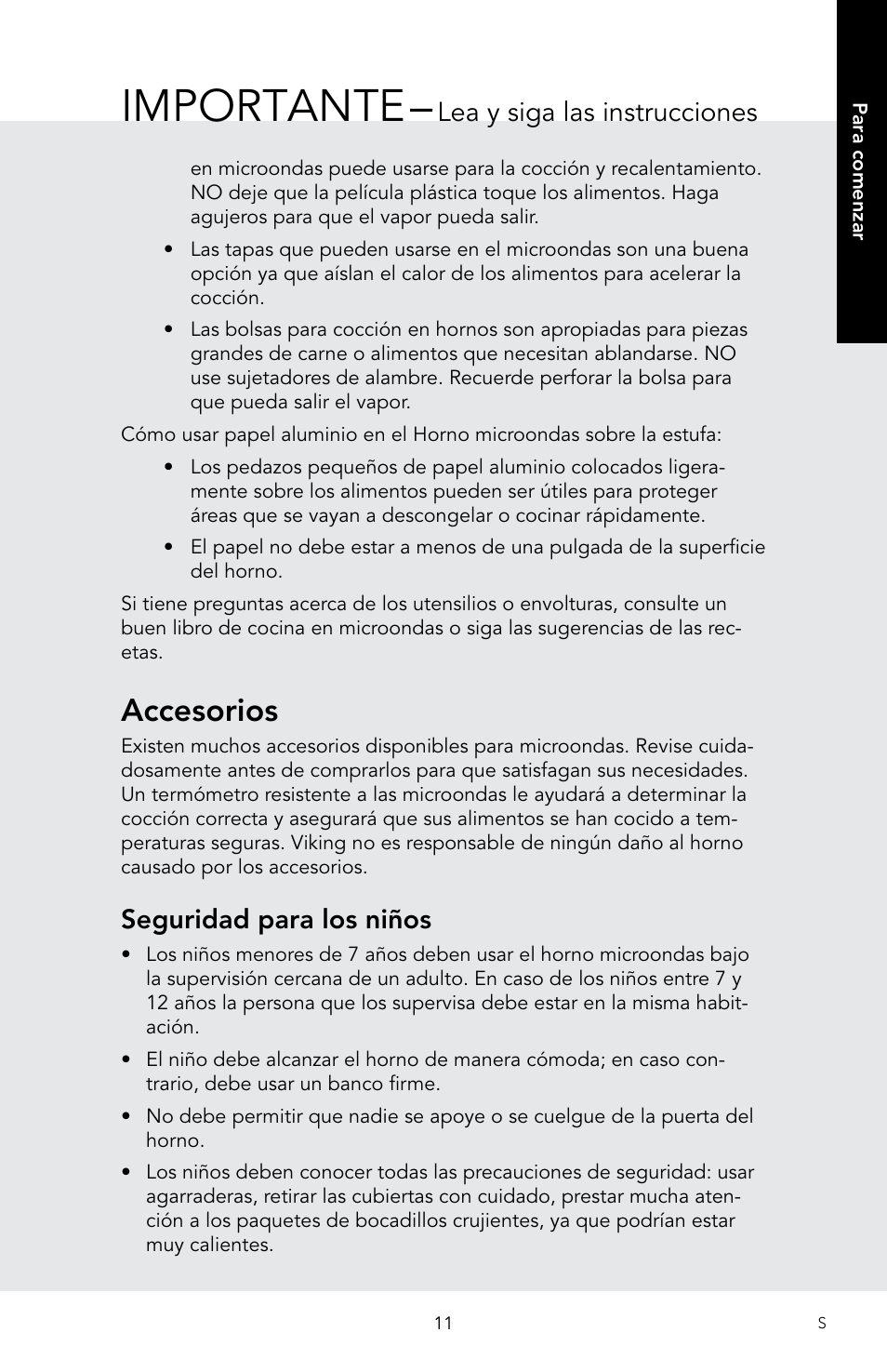 Importante, Accesorios, Seguridad para los niños | Lea y siga las instrucciones | Viking 30 Inch Over-the-Range Microwave Oven Owners Manual User Manual | Page 53 / 132