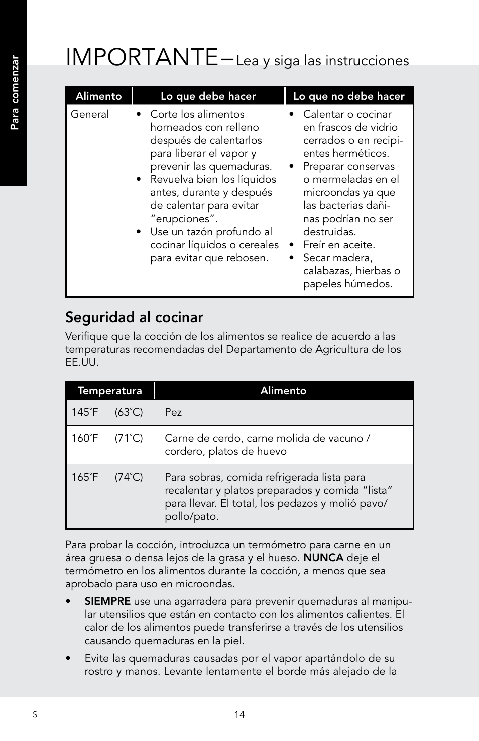 Importante, Seguridad al cocinar, Lea y siga las instrucciones | Viking 30 Inch Over-the-Range Microwave Oven Owners Manual User Manual | Page 56 / 132