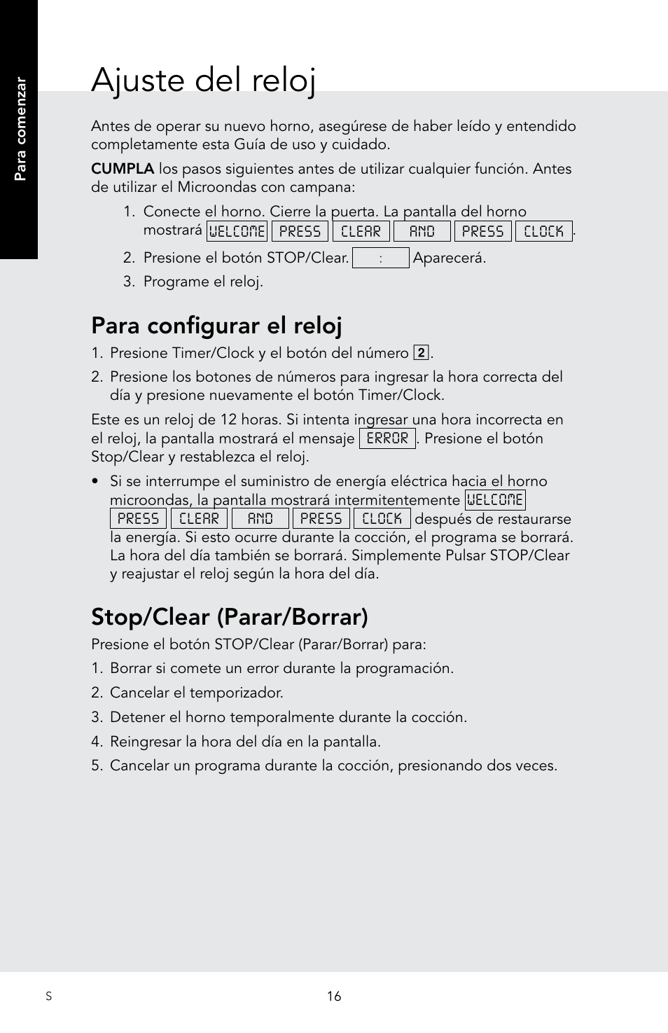 Ajuste del reloj, Para configurar el reloj, Stop/clear (parar/borrar) | Viking 30 Inch Over-the-Range Microwave Oven Owners Manual User Manual | Page 58 / 132