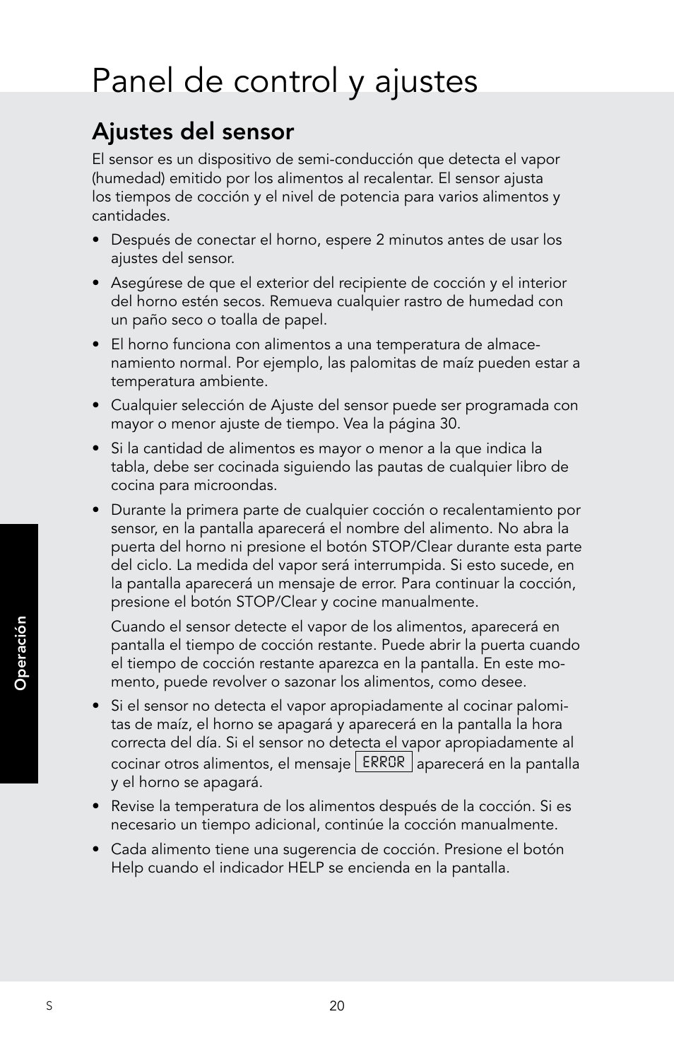 Panel de control y ajustes, Ajustes del sensor | Viking 30 Inch Over-the-Range Microwave Oven Owners Manual User Manual | Page 62 / 132