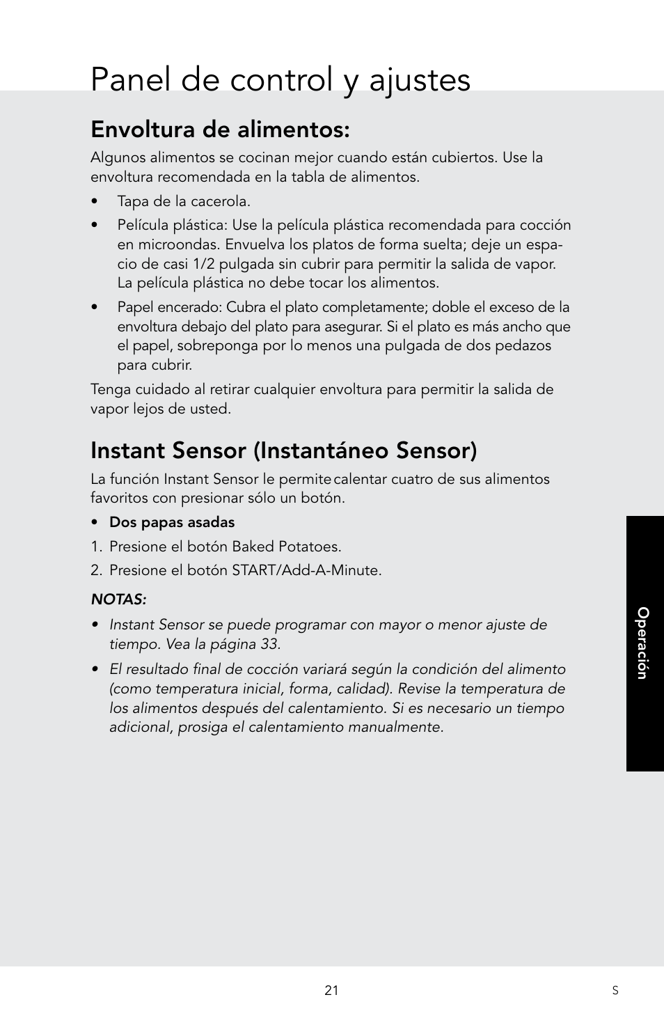 Panel de control y ajustes, Envoltura de alimentos, Instant sensor (instantáneo sensor) | Viking 30 Inch Over-the-Range Microwave Oven Owners Manual User Manual | Page 63 / 132