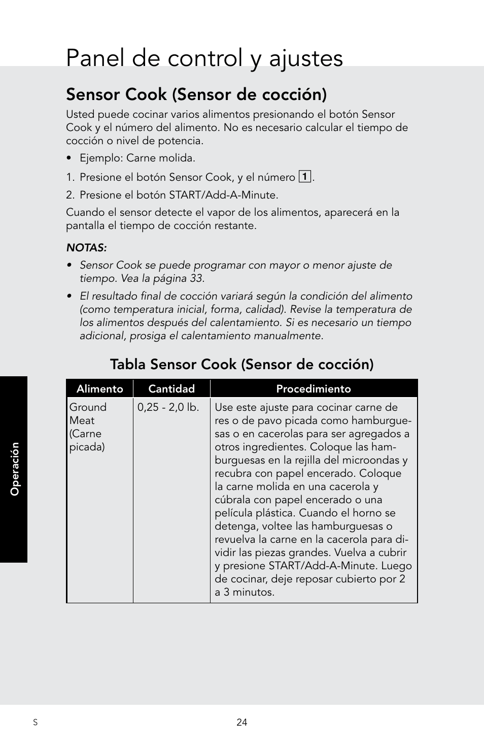 Panel de control y ajustes, Sensor cook (sensor de cocción), Tabla sensor cook (sensor de cocción) | Viking 30 Inch Over-the-Range Microwave Oven Owners Manual User Manual | Page 66 / 132