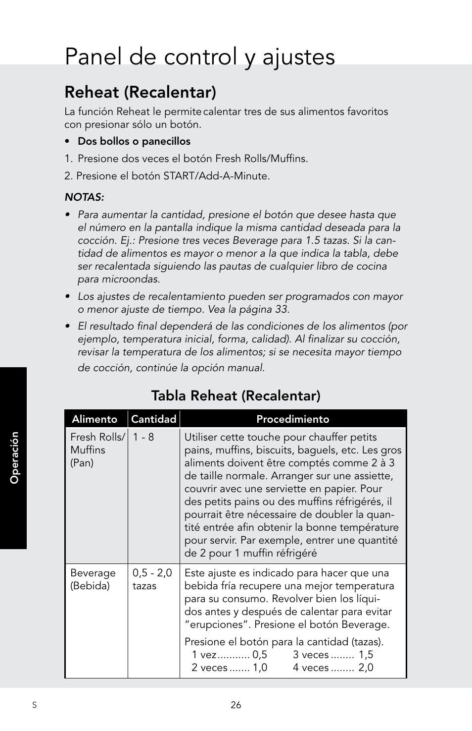 Panel de control y ajustes, Reheat (recalentar), Tabla reheat (recalentar) | Viking 30 Inch Over-the-Range Microwave Oven Owners Manual User Manual | Page 68 / 132