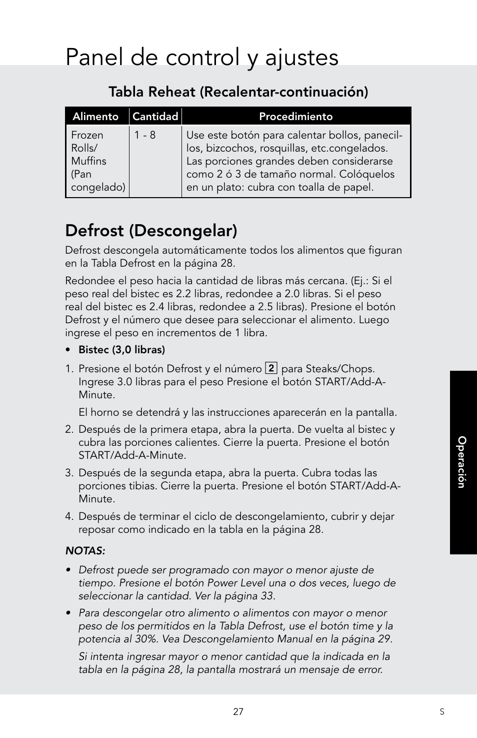 Panel de control y ajustes, Defrost (descongelar), Tabla reheat (recalentar-continuación) | Viking 30 Inch Over-the-Range Microwave Oven Owners Manual User Manual | Page 69 / 132