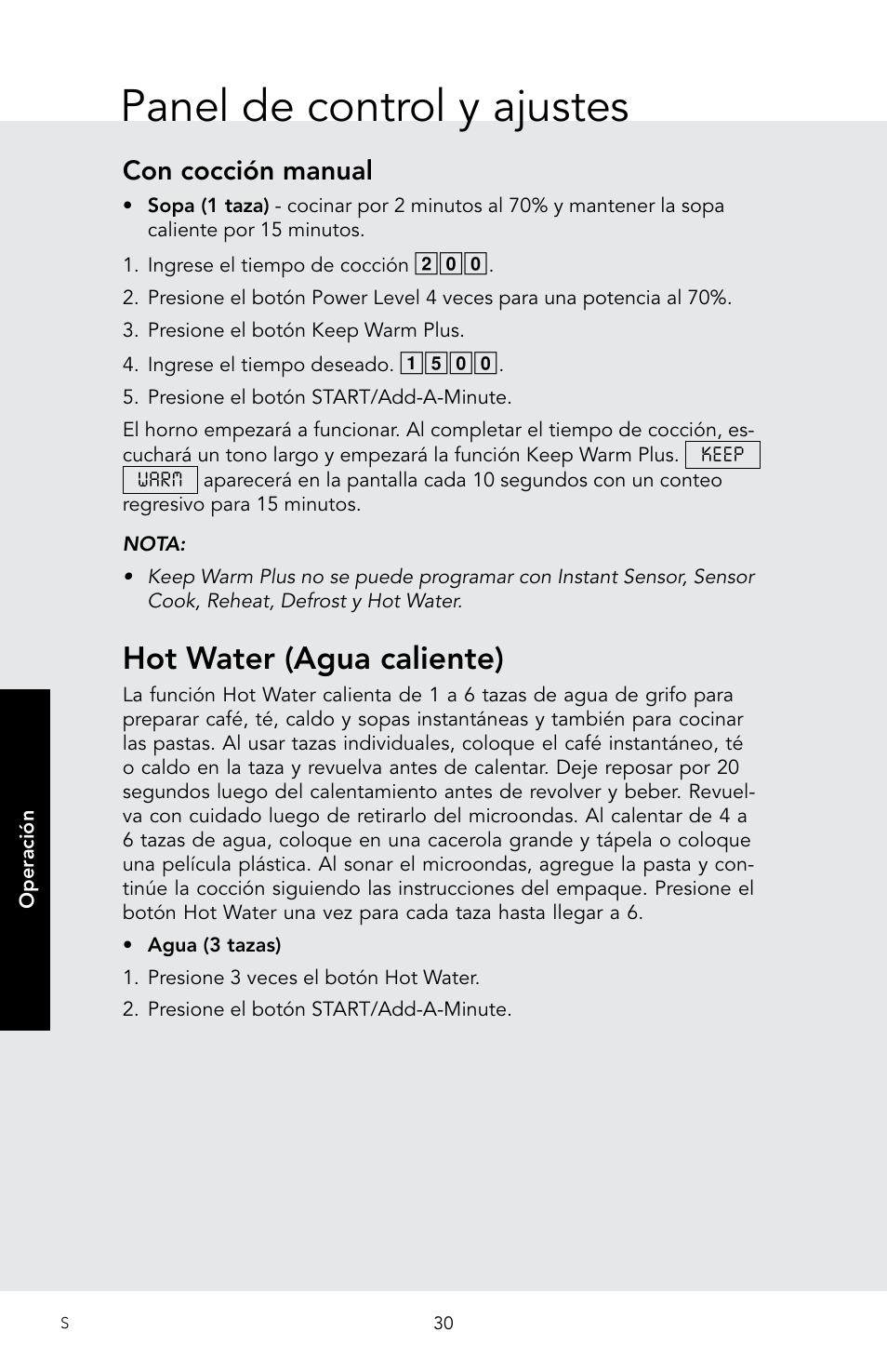 Panel de control y ajustes, Hot water (agua caliente), Con cocción manual | Viking 30 Inch Over-the-Range Microwave Oven Owners Manual User Manual | Page 72 / 132