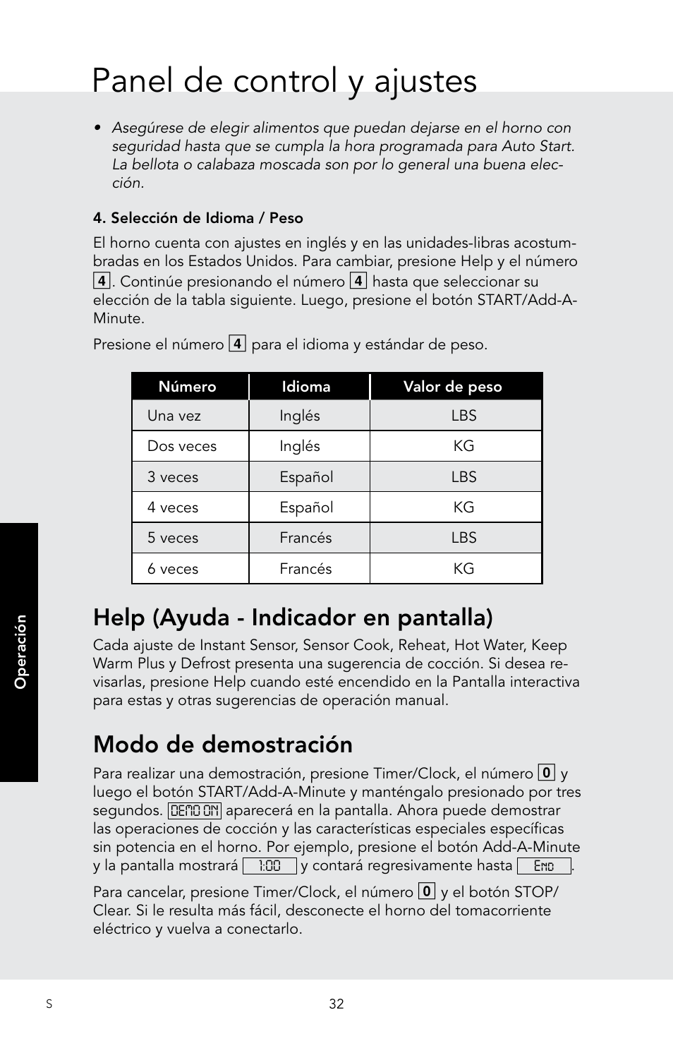 Panel de control y ajustes, Help (ayuda - indicador en pantalla), Modo de demostración | Viking 30 Inch Over-the-Range Microwave Oven Owners Manual User Manual | Page 74 / 132