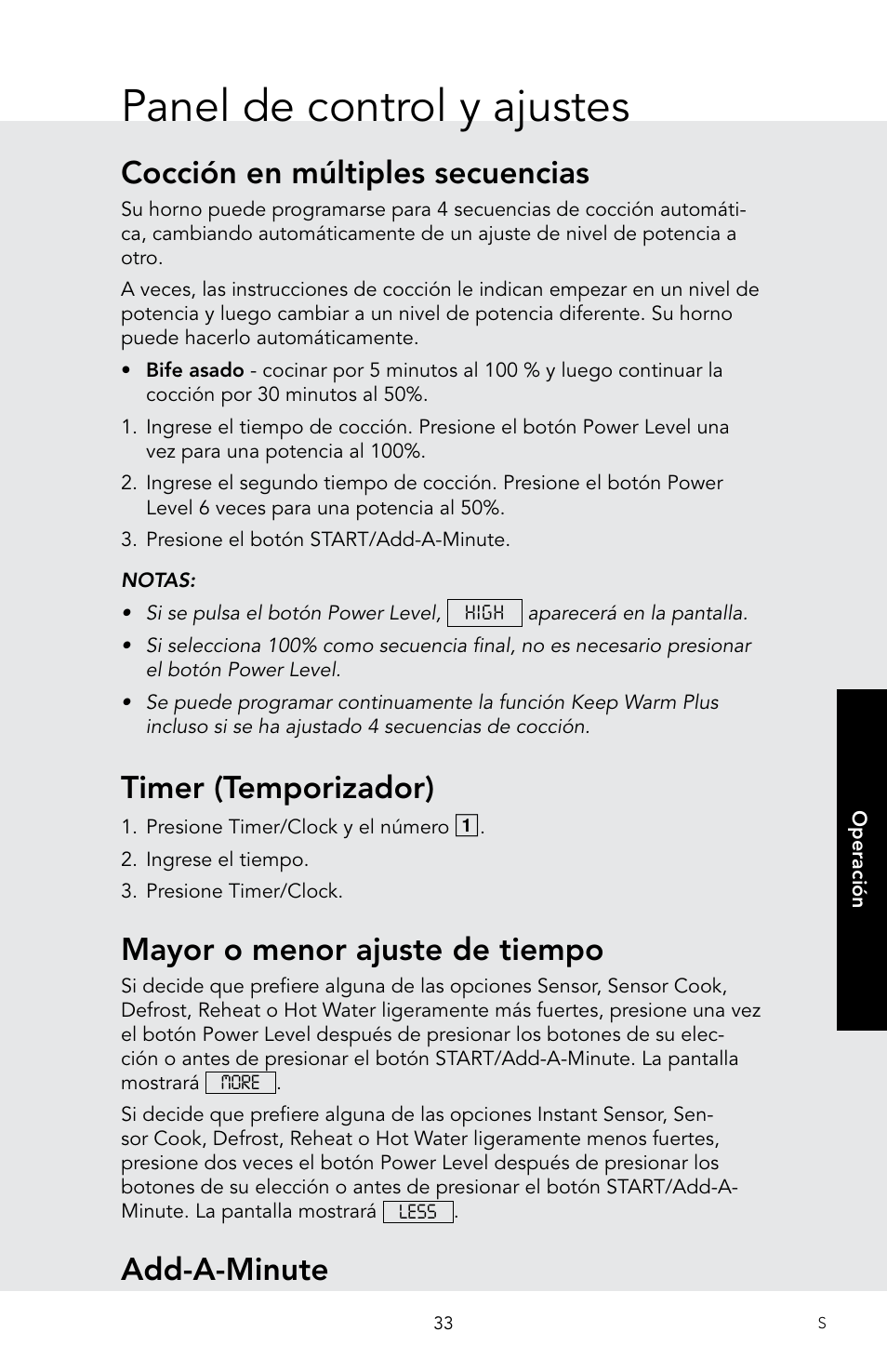 Panel de control y ajustes, Cocción en múltiples secuencias, Timer (temporizador) | Mayor o menor ajuste de tiempo, Add-a-minute | Viking 30 Inch Over-the-Range Microwave Oven Owners Manual User Manual | Page 75 / 132