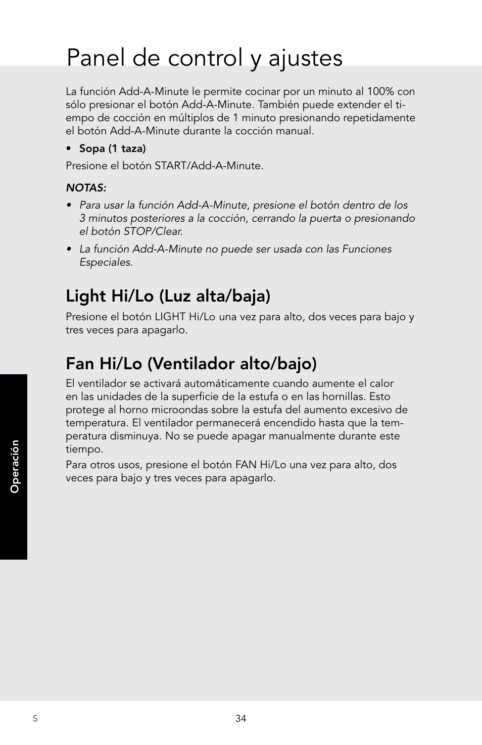 Panel de control y ajustes, Light hi/lo (luz alta/baja), Fan hi/lo (ventilador alto/bajo) | Viking 30 Inch Over-the-Range Microwave Oven Owners Manual User Manual | Page 76 / 132