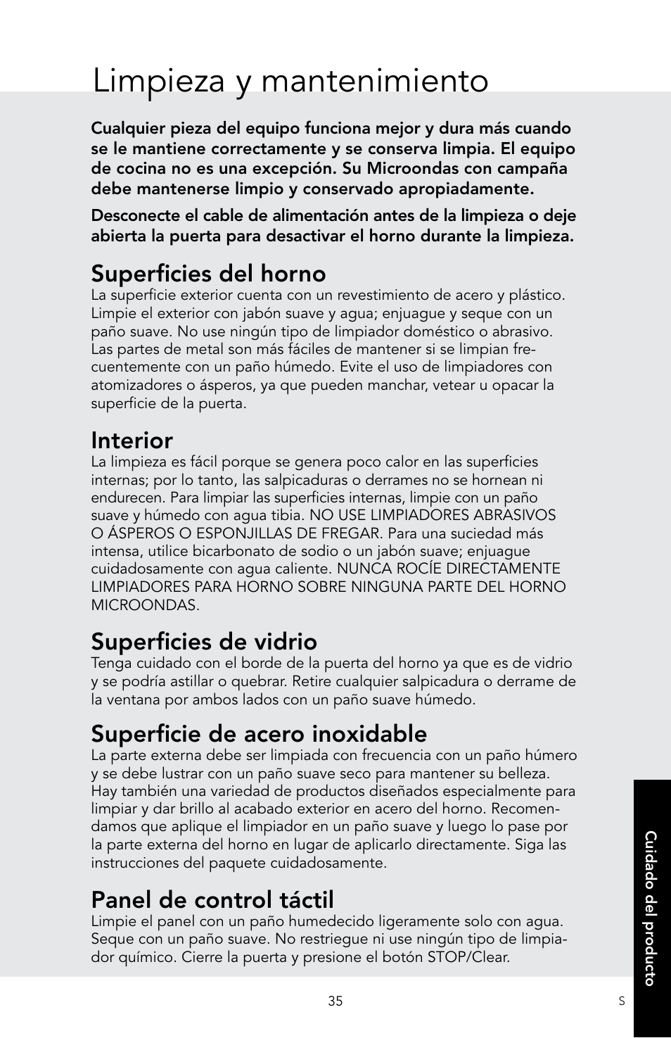 Limpieza y mantenimiento, Superficies del horno, Interior | Superficies de vidrio, Superficie de acero inoxidable, Panel de control táctil | Viking 30 Inch Over-the-Range Microwave Oven Owners Manual User Manual | Page 77 / 132