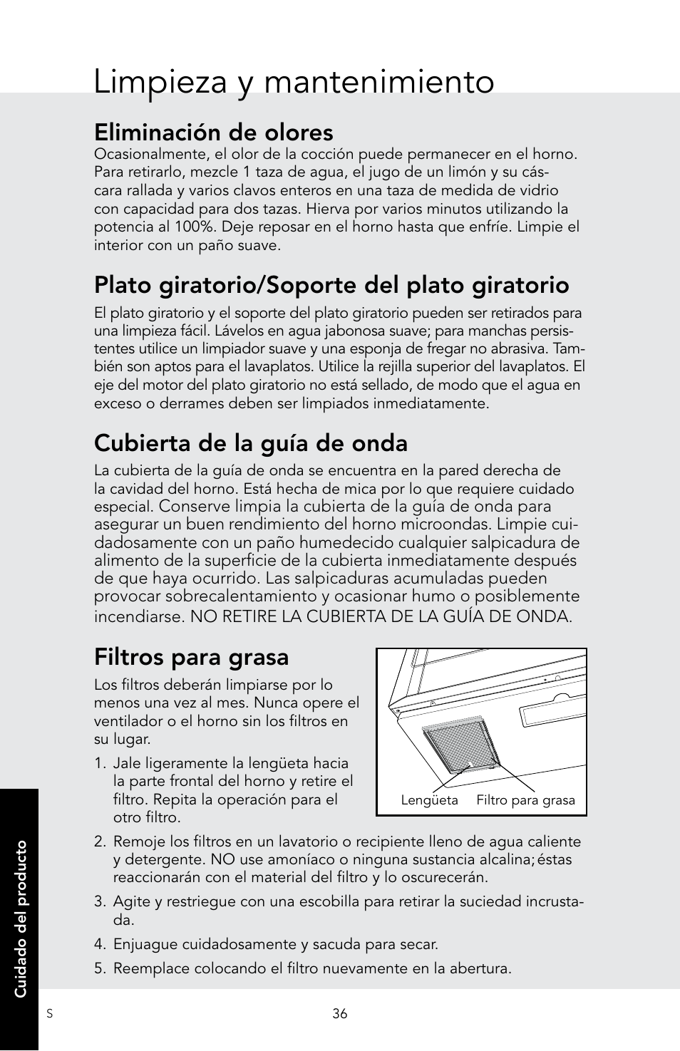 Limpieza y mantenimiento, Eliminación de olores, Plato giratorio/soporte del plato giratorio | Cubierta de la guía de onda, Filtros para grasa | Viking 30 Inch Over-the-Range Microwave Oven Owners Manual User Manual | Page 78 / 132