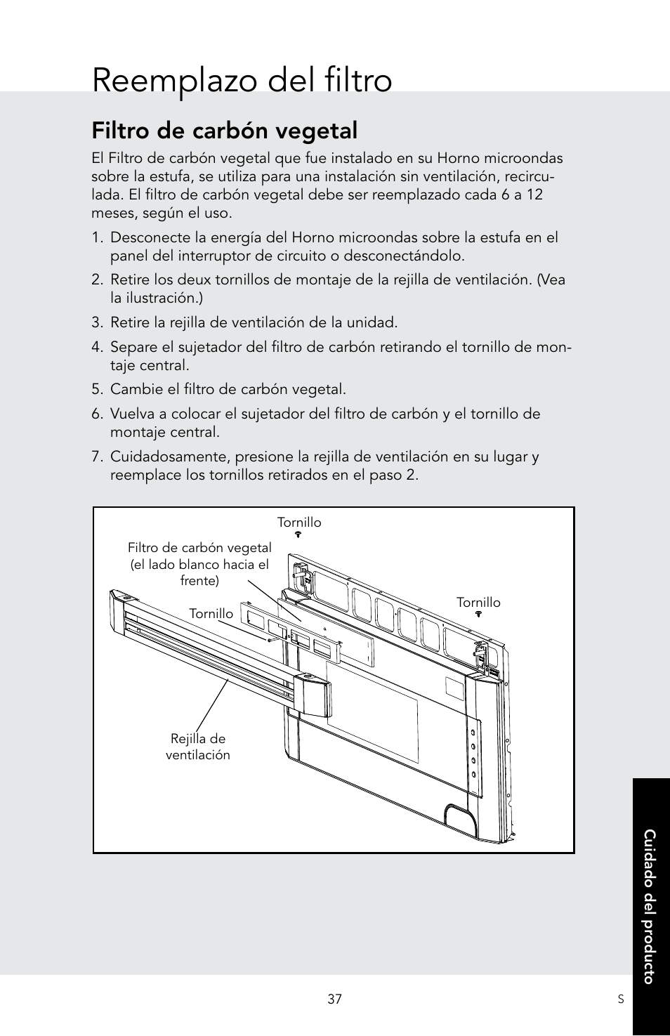 Reemplazo del filtro, Filtro de carbón vegetal | Viking 30 Inch Over-the-Range Microwave Oven Owners Manual User Manual | Page 79 / 132