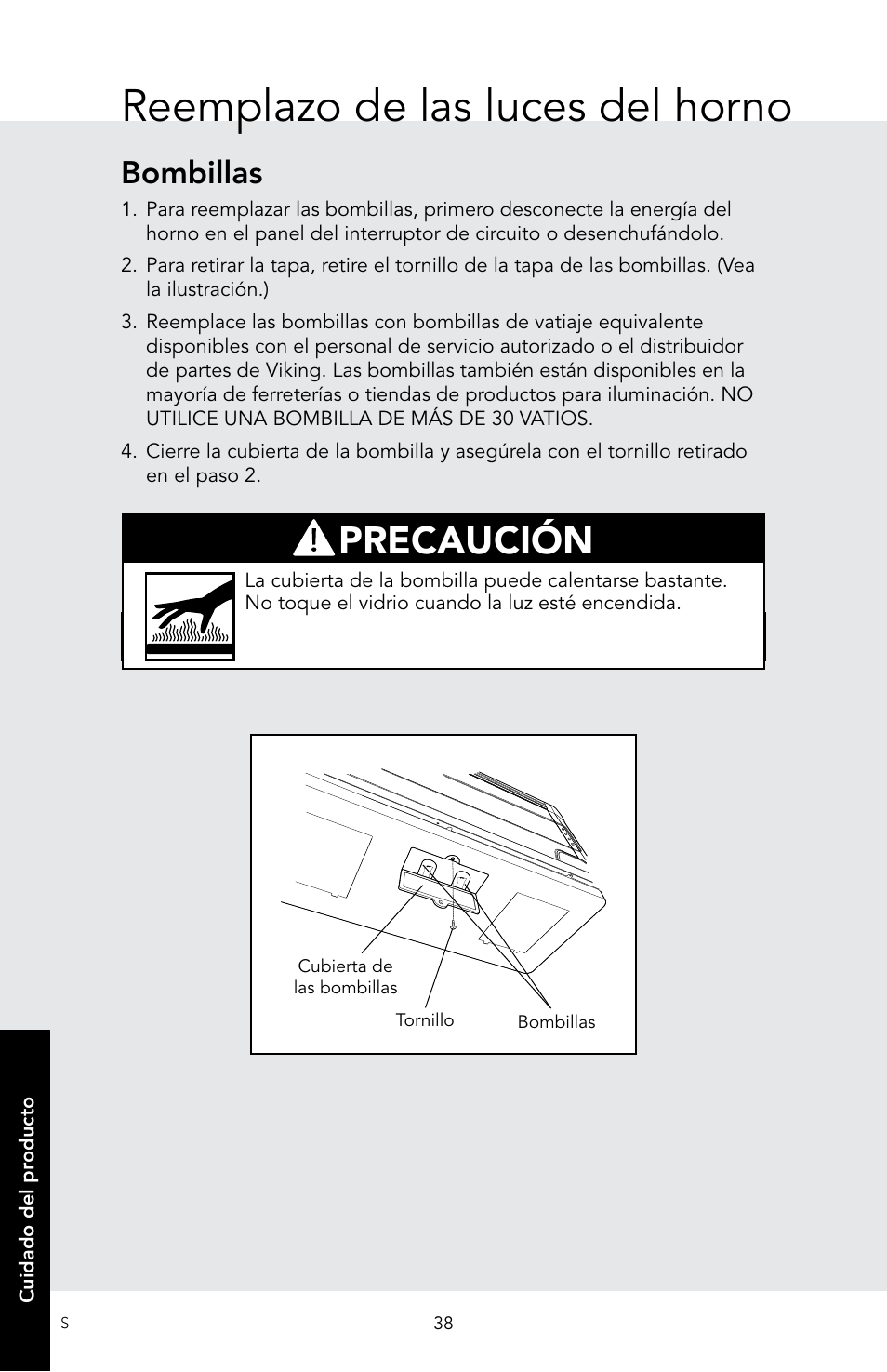 Reemplazo de las luces del horno, Precaución, Bombillas | Viking 30 Inch Over-the-Range Microwave Oven Owners Manual User Manual | Page 80 / 132