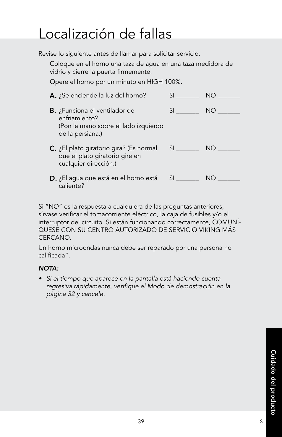 Localización de fallas | Viking 30 Inch Over-the-Range Microwave Oven Owners Manual User Manual | Page 81 / 132