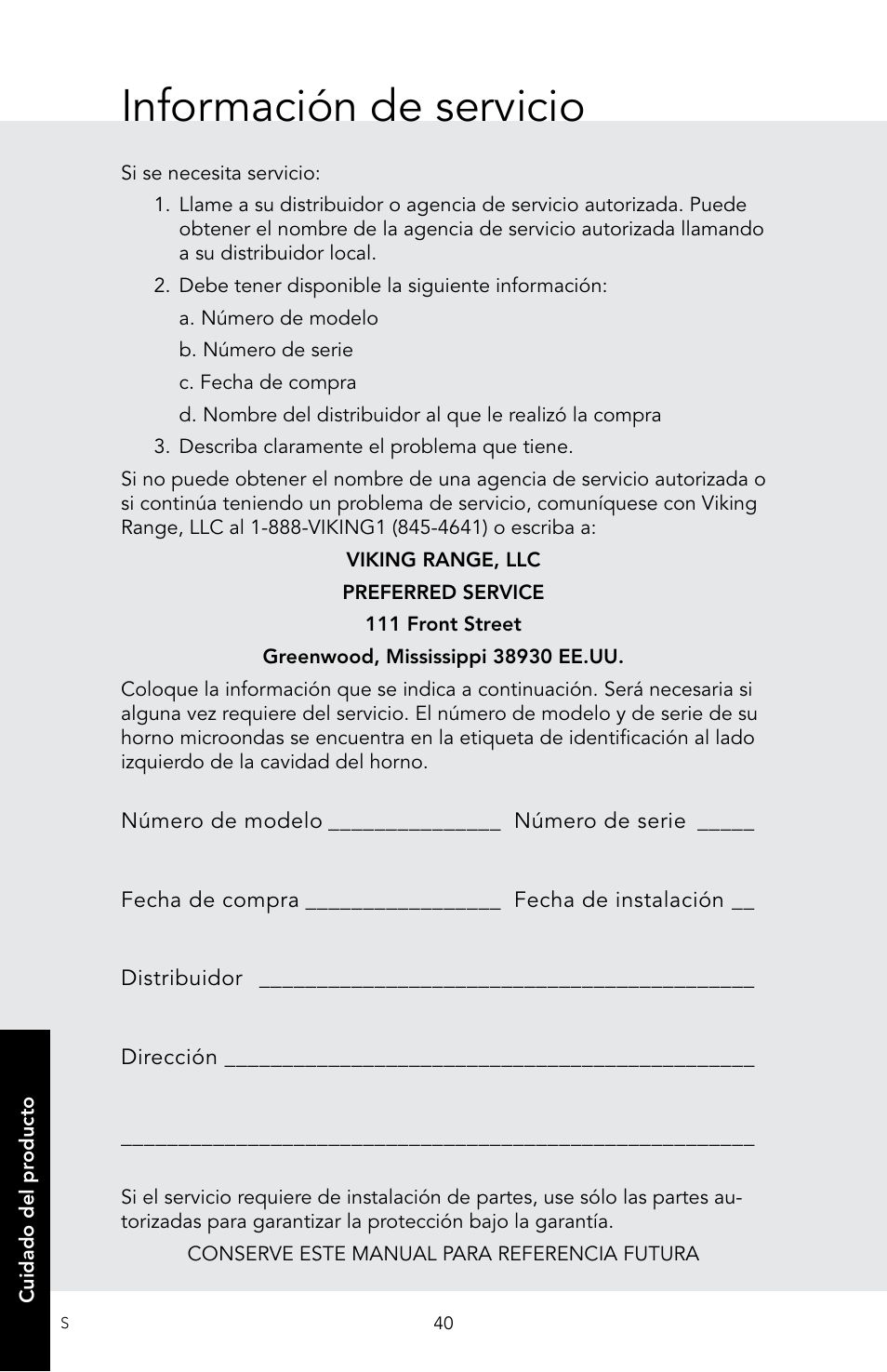 Información de servicio | Viking 30 Inch Over-the-Range Microwave Oven Owners Manual User Manual | Page 82 / 132