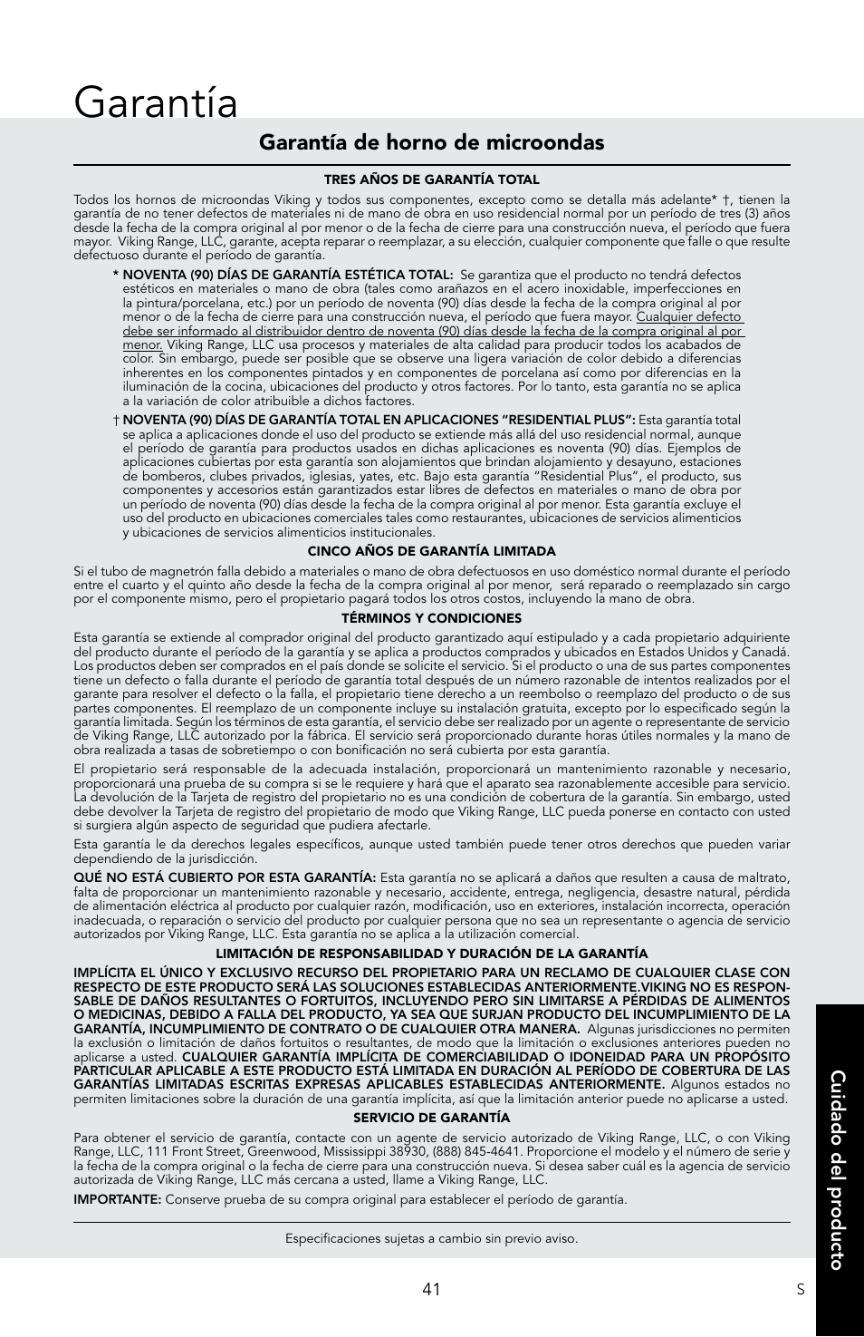 Garantía, Garantía de horno de microondas, Pr oduct car e cuidado del pr oducto | Viking 30 Inch Over-the-Range Microwave Oven Owners Manual User Manual | Page 83 / 132