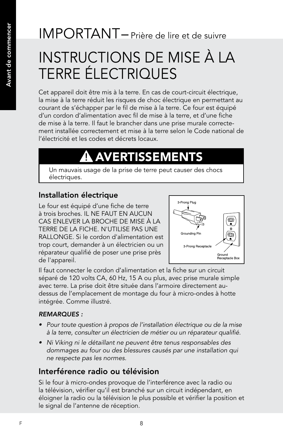 Instructions de mise à la terre électriques, Important, Avertissements | Prière de lire et de suivre | Viking 30 Inch Over-the-Range Microwave Oven Owners Manual User Manual | Page 94 / 132