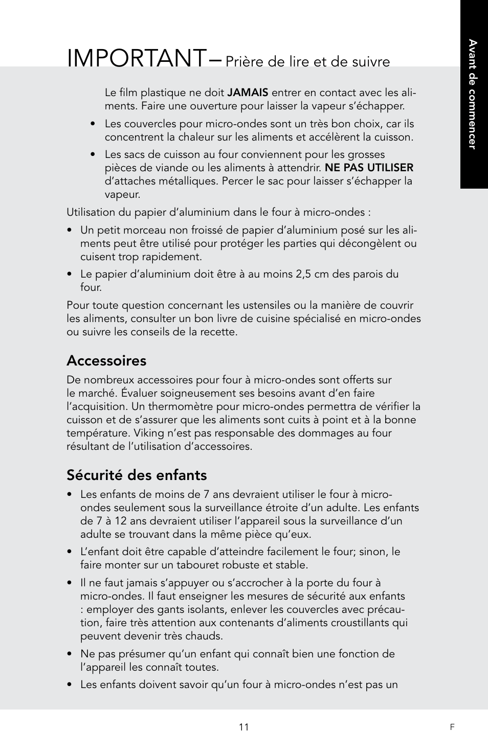 Important, Accessoires, Sécurité des enfants | Prière de lire et de suivre | Viking 30 Inch Over-the-Range Microwave Oven Owners Manual User Manual | Page 97 / 132