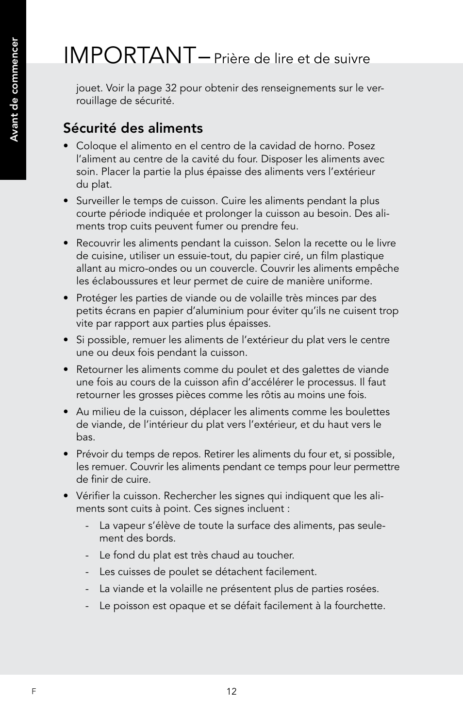 Important, Sécurité des aliments, Prière de lire et de suivre | Viking 30 Inch Over-the-Range Microwave Oven Owners Manual User Manual | Page 98 / 132