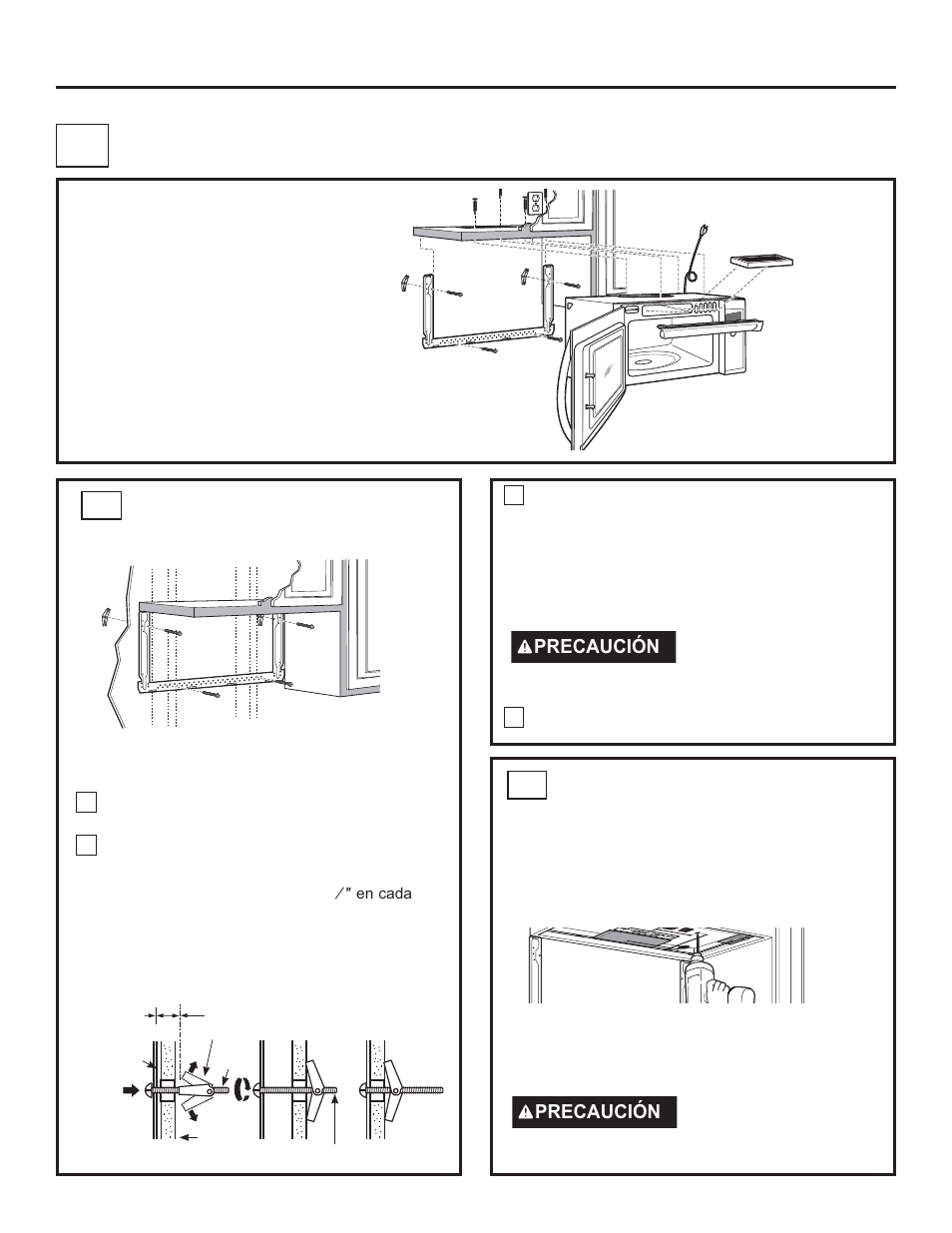 Recirculación, Instrucciones de instalación c, Sin conducto de ventilación) | Perspectiva general de la instalación, Cómo adherir la placa de montaje a la pared c1, Precaución | GE Profile Advantium Series 30 Inch Over-the-Range Microwave Oven Installation Guide User Manual | Page 43 / 48