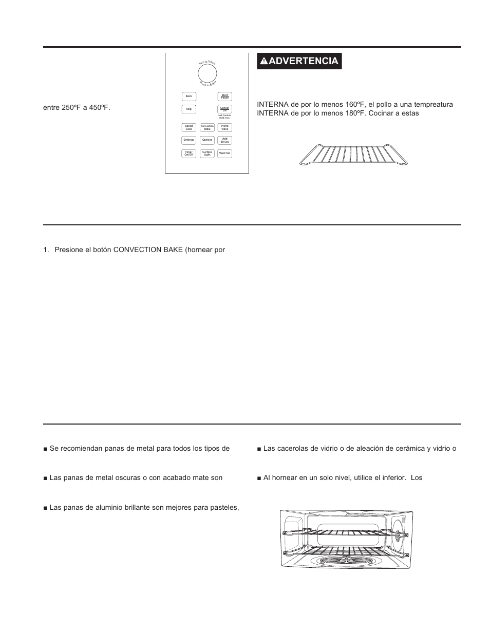 Hornear con convección hornear con convección, Advertencia, Riesgo de quemaduras | Cómo se hornea con convección, Consejos de cocimiento | GE Profile Advantium Series 30 Inch Over-the-Range Microwave Oven Owner Manual User Manual | Page 54 / 72